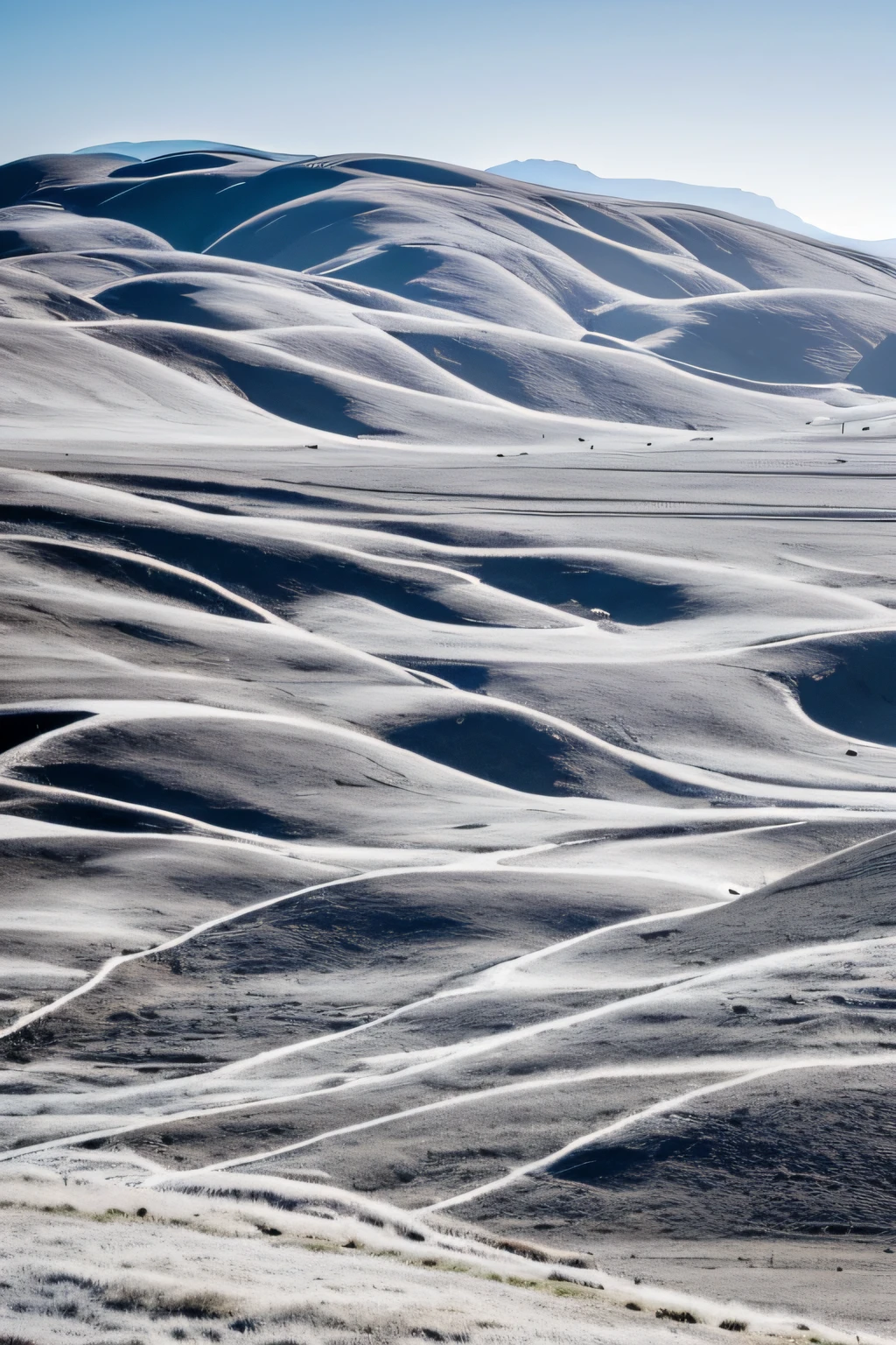 Monochromatic white landcape, isometric, degraded grassland, degraded pasture, mountains, hills, valleys, no people, no sand, no desert, no buildings, no roads, no trees or other detail, livestock (sheep),