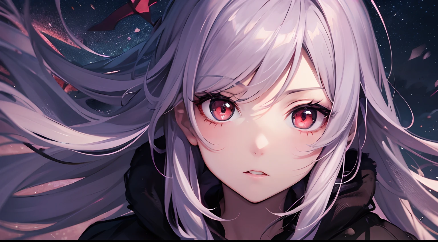 (masutepiece), Red pupils, Very cute girl vampire, Cute, deep in the night, Windswept and cloudy, Overlooking a high perspective, in night, Light floating above the sky.