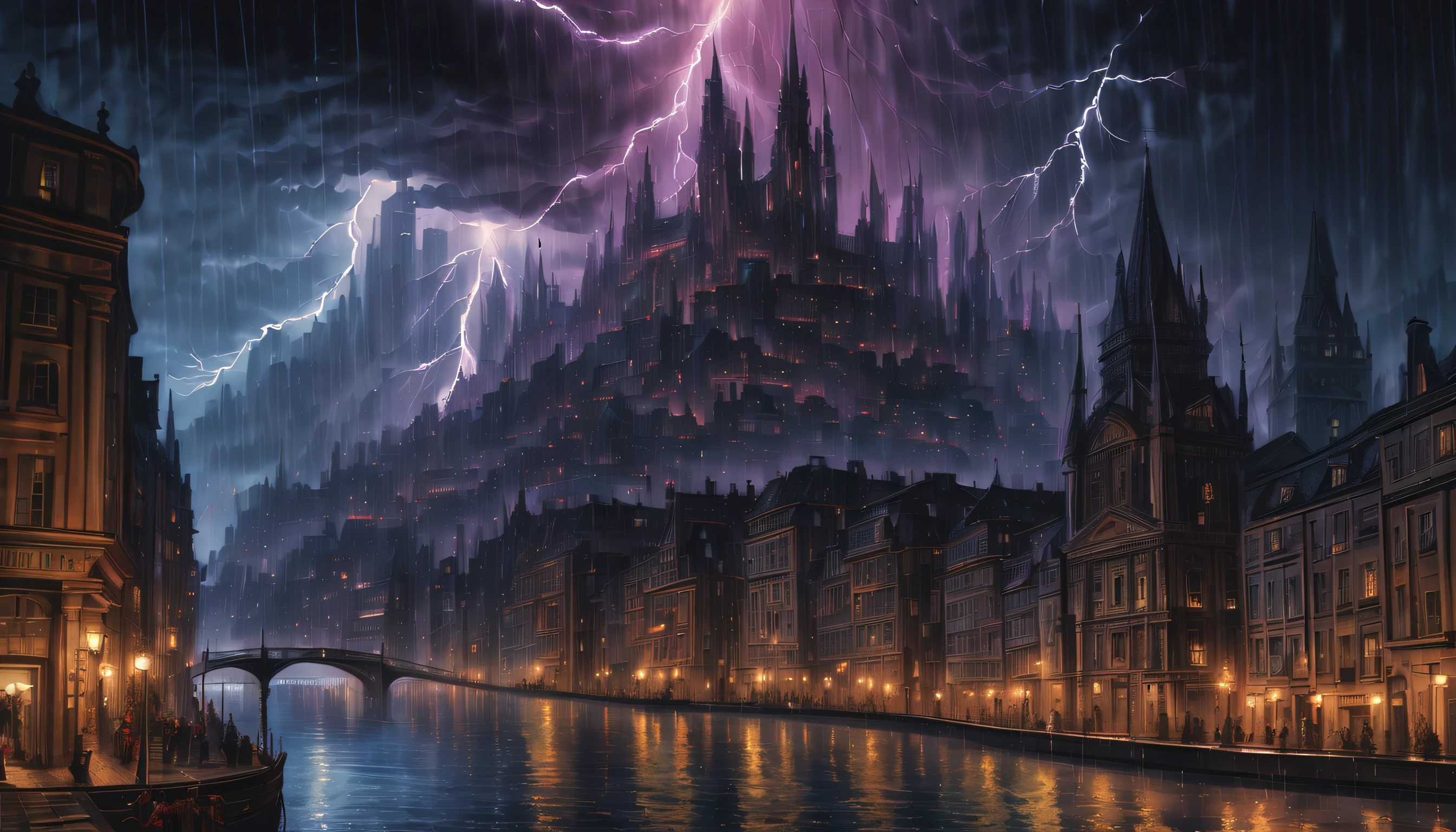 (((perfect representation rain night art:1.3))), fierce determination, seems to be channeling the power of the lightning and thunder. connection to the dark elements, get lost in the beauty, stunning cityscape filled with fantastical buildings, dressed in elaborate, otherworldly attire, level of detail in truly remarkable, making perfect inspiration for generated image, imagination run wild with combines elements of dark fantasy and eternal fantasy, from the intricate details of the fantastical buildings to the ethereal beauty of the landscape, create a truly unique and mesmerizing image, imagine a world where fantasy and reality collide, magnificent structures and enchanting landscapes coexist, visually transport place of wonder and amazement, vivid depiction of a city filled with magic and beauty, stunning marker illustration of a dark fantasy city, magical buildings and ethereal landscapes merge to create a breathtaking scene, intricate details of the fantastical architecture,