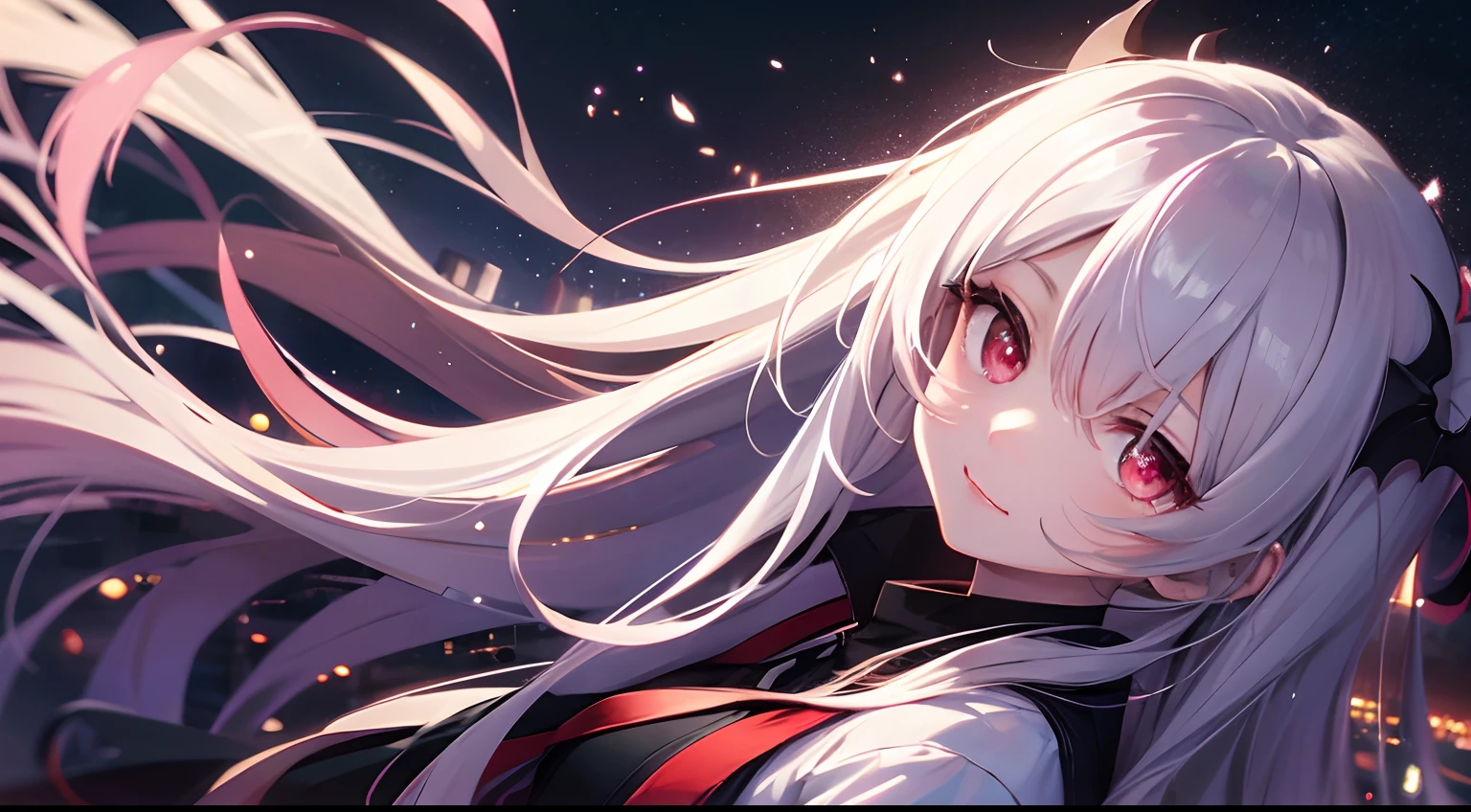 (masutepiece), Red pupils, Very cute girl vampire, Cute, deep in the night, Windswept and cloudy, Overlooking a high perspective, in night, Light floating above the sky.