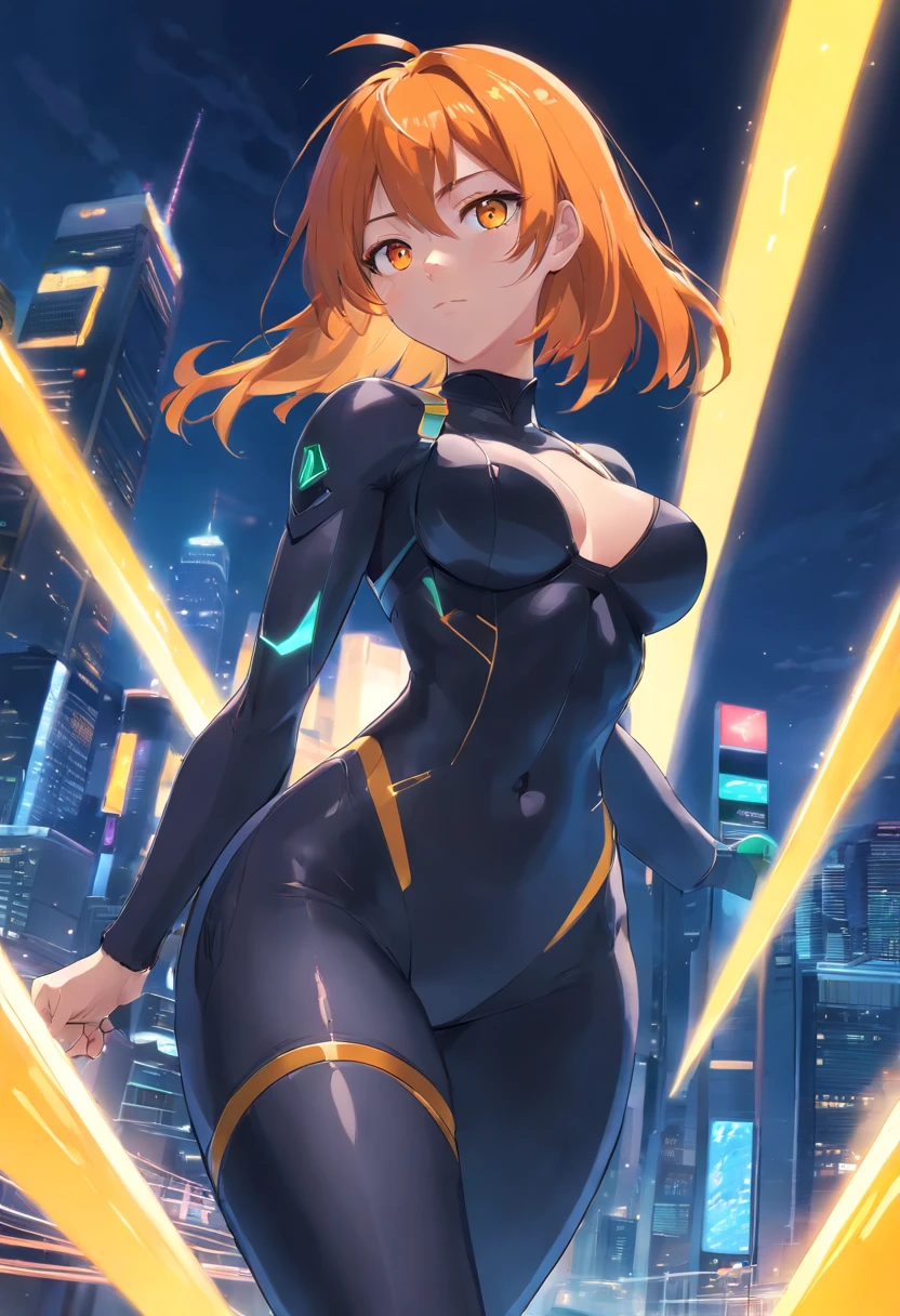 1 female、Orange hair、huge tit、Big ass、black rubber suit、yellow eyes、thick thighs、a short bob、wide hips、Thigh muscles、Turn your butt、Strong thighs