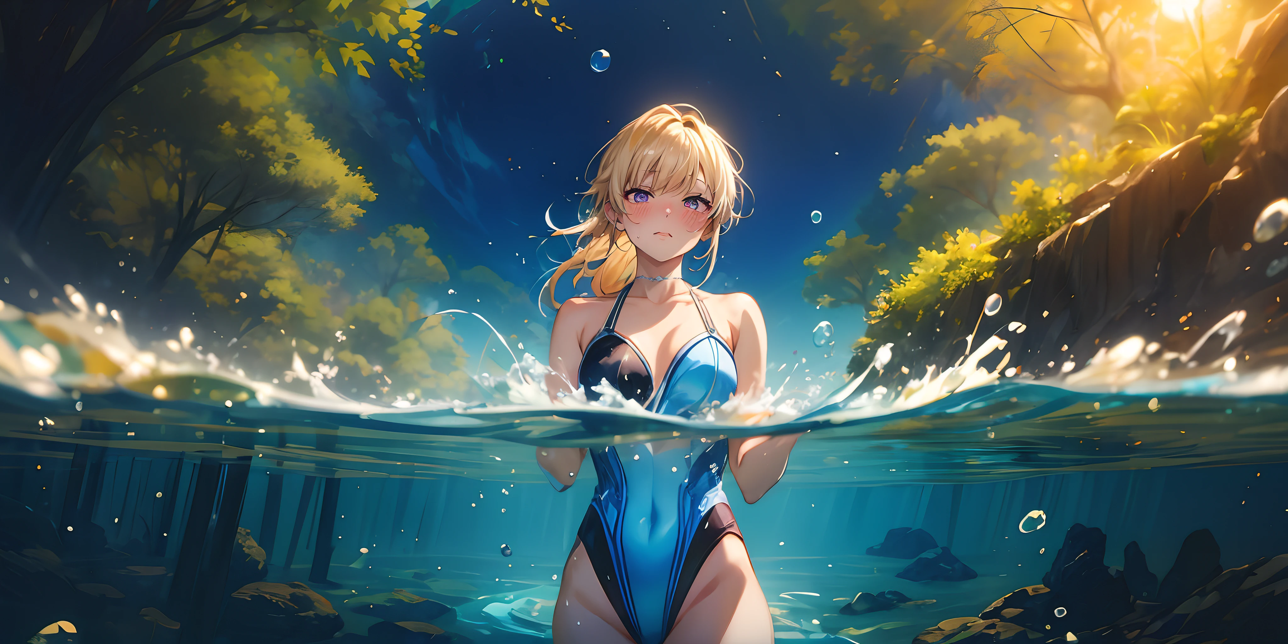 aaerina, long hair, blonde hair, (best quality,highres,masterpiece:1.2),ultra-detailed,realistic,photography,soft-focus,subtle lighting,blurred background,rich colors,portrait,serene,graceful,submerged,weightless,gentle movement,age gracefully,breast,reflection,tranquil,beauty,submerge,bubble,float,magic,mystical,serenity,water elements,natural lighting,graceful aging,timid,peaceful,harmony,softness,ethereal,stillness,serene expression,dreamlike,subtle elegance,underwater paradise,feminine form,quiet,subtle ripples,harmonic movement,fluidity"glow effects, godrays, Hand drawn, render, 8k, octane render, cinema 4d, blender, dark, atmospheric 4k ultra detailed, cinematic, Sharp focus, big depth of field, Masterpiece, colors, 3d octane render, 4k, concept art, trending on artstation, hyperrealistic, Vivid colors, extremely detailed CG unity 8k wallpaper, trending on CGSociety, Intricate, High Detail, ,"(anime coloring, anime screencap:1.4)