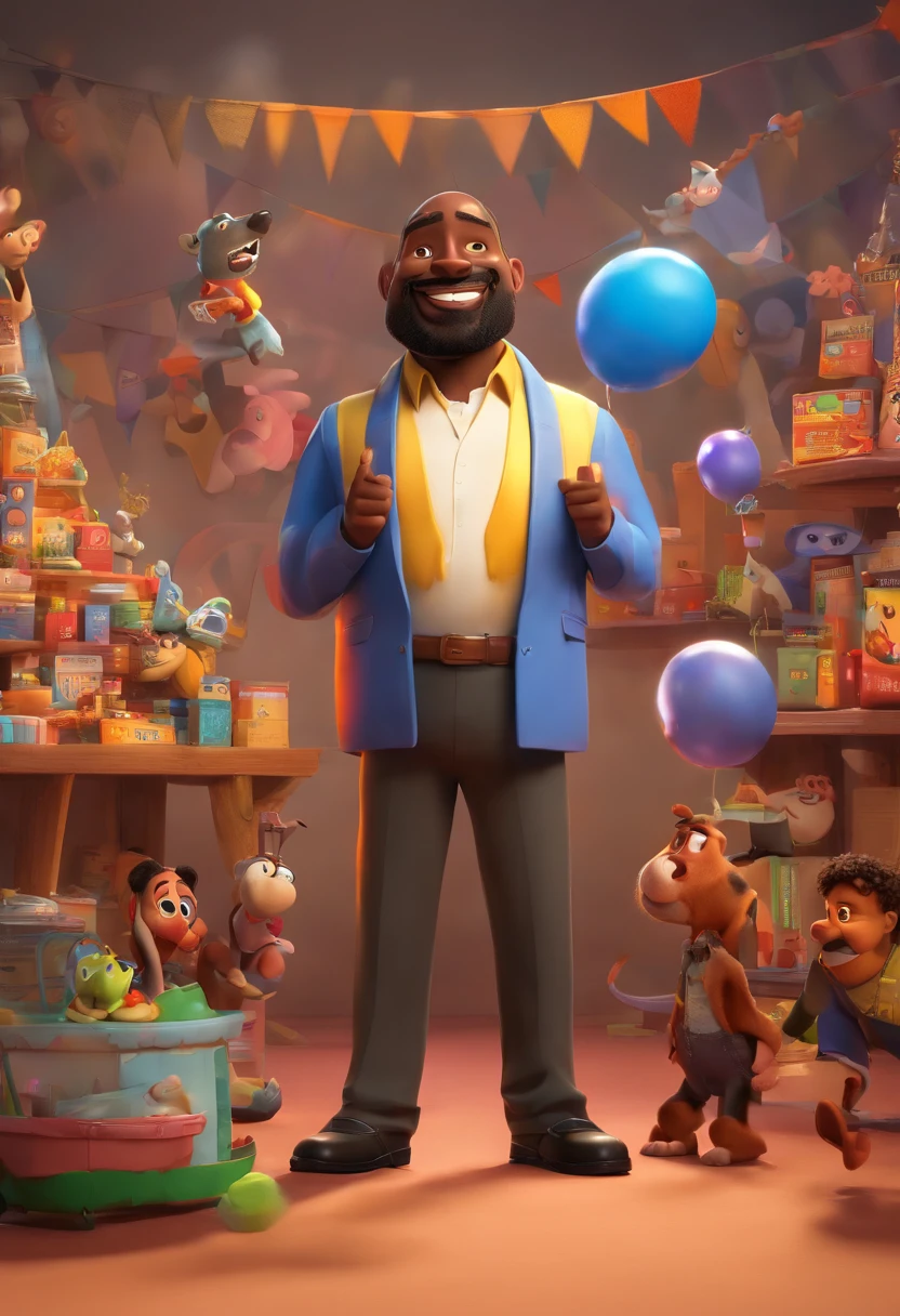 cover of a disney pixar film, bald black man with a goatee, 40 years old, 90kg and happy, in the foreground the name of the film is ZTV Streaming