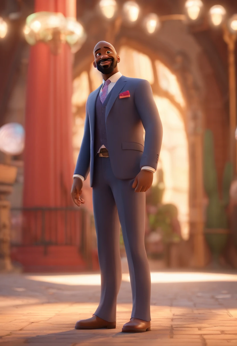 cover of a disney pixar film, bald black man with a goatee, 40 years old, 90kg and happy, in the foreground the name of the film is ZTV Streaming