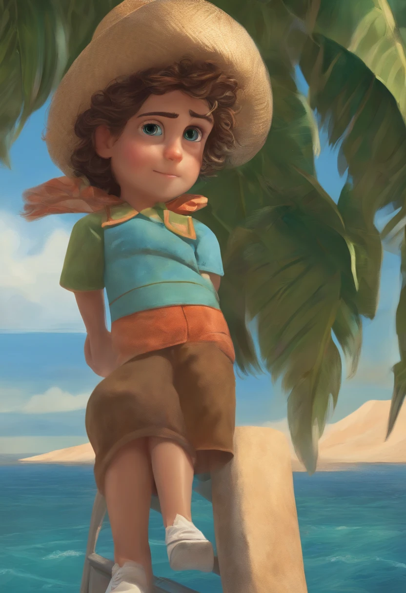 Stile Pixar, poster, Ragazzo di trenta anni, capelli verdi, occhi azzurri, giacca multicolore fa il miracolo di dividere il mare di fronte a lui