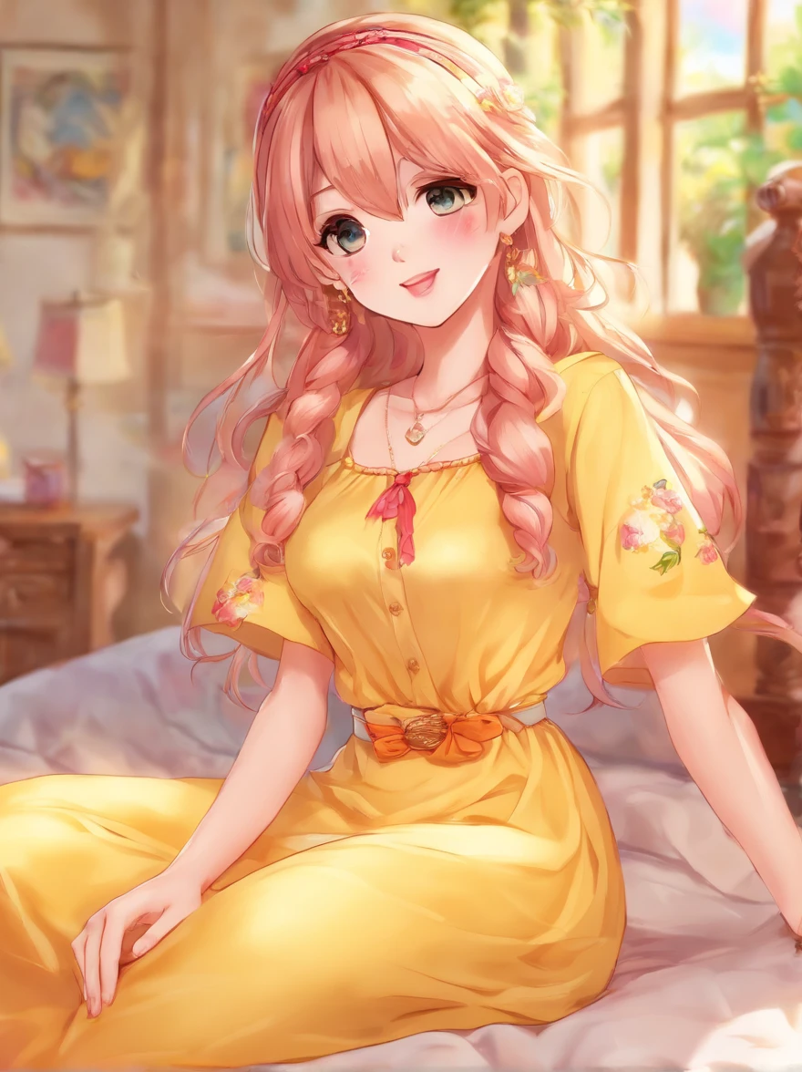 Bada Hills squeeze Venezuelan female supermodel, Long hair, Pale yellow dress, Tight, The upper figure is too small in size, large natural breasts, hyper photorealism, Highly detailed female bedroom background,Sunlight ,