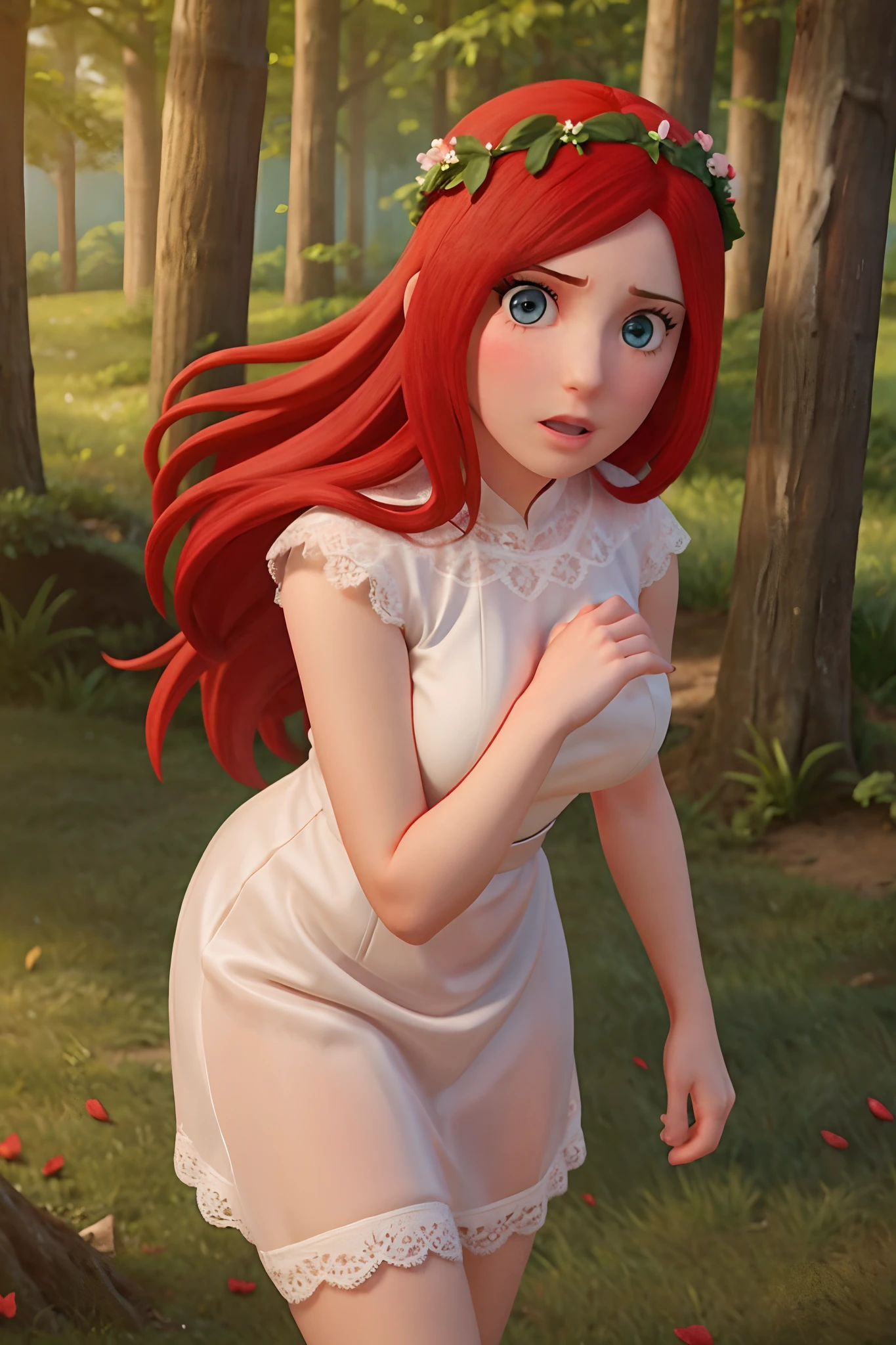 1girl, clothes tug, dress tug, see-through, backlighting, wind, wind lift, facing viewer, wedding dress, bridal veil, falling petals, head wreath, forest, lace, lingerie, masterpiece, best quality, highly detailed, (masterpiece), kushina, solo, long hair, looking at viewer, blush, blue eyes, red hair, hairclip, large breast, ,