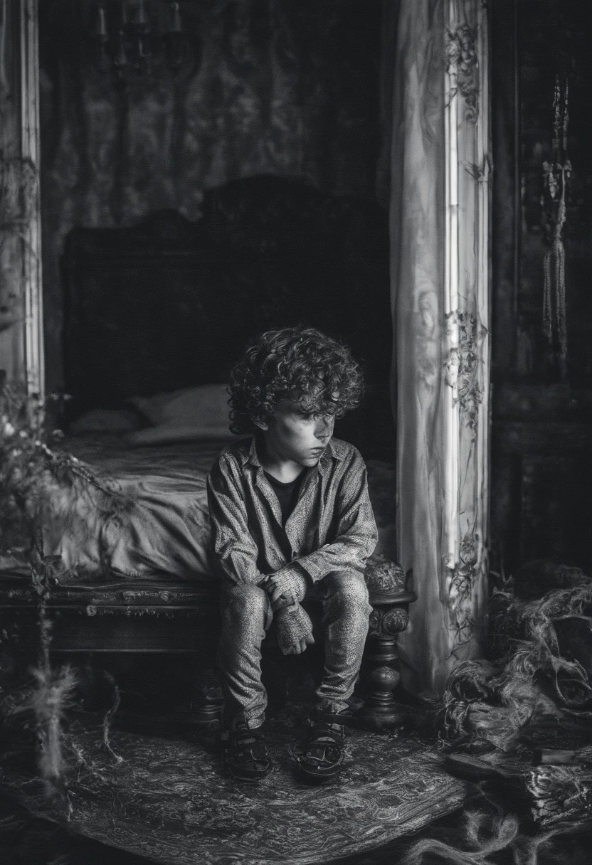 A  with curly brown hair and black eyes whispers to the spirits,sitting in the bedroom,Dressed in pajamas