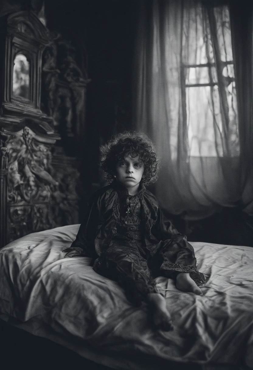 A boy child with curly brown hair and black eyes whispers to the spirits,sitting in the bedroom,Dressed in pajamas