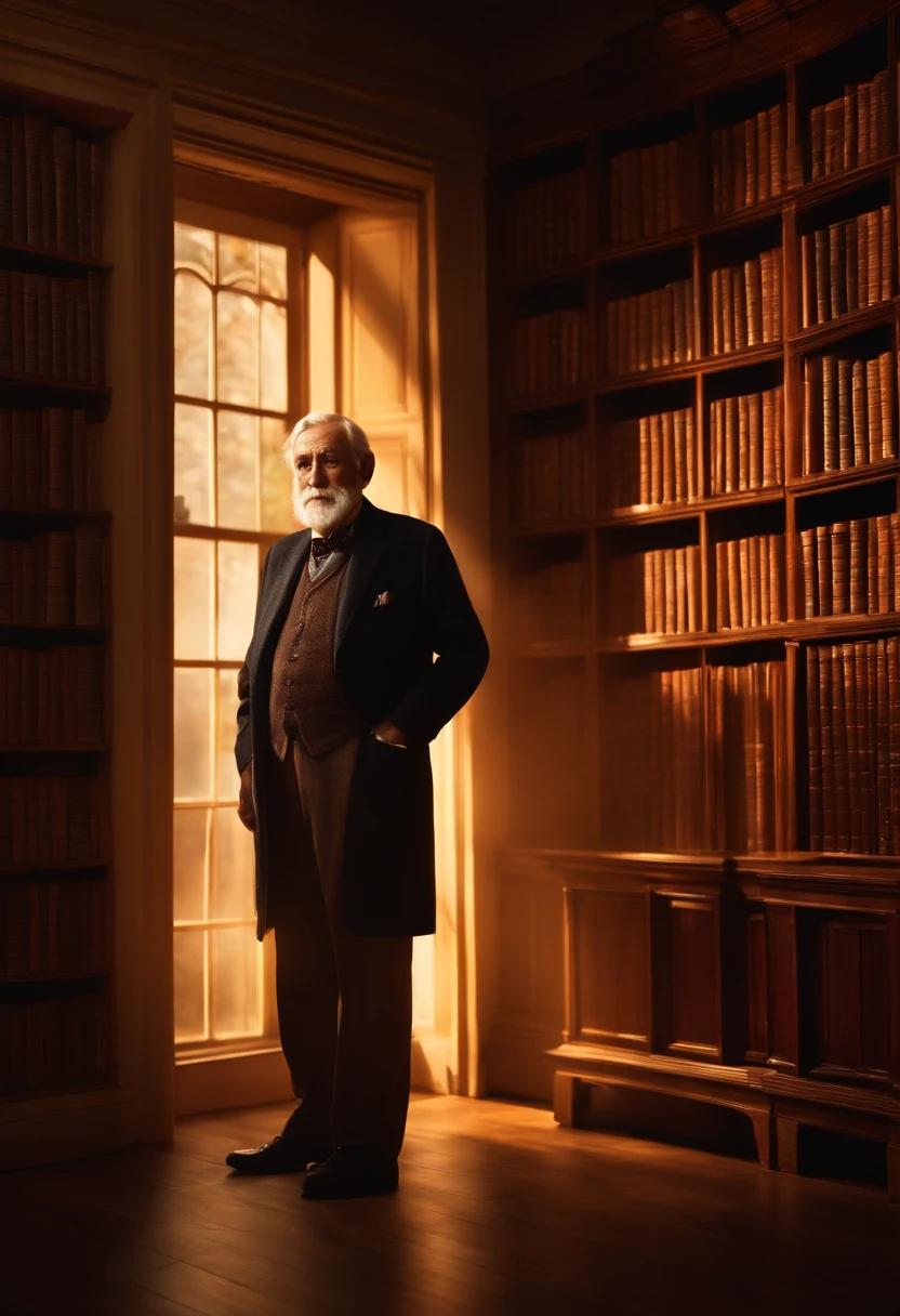 A wise old man standing in front, illuminated by the light of a lamp, against the backdrop of a library
