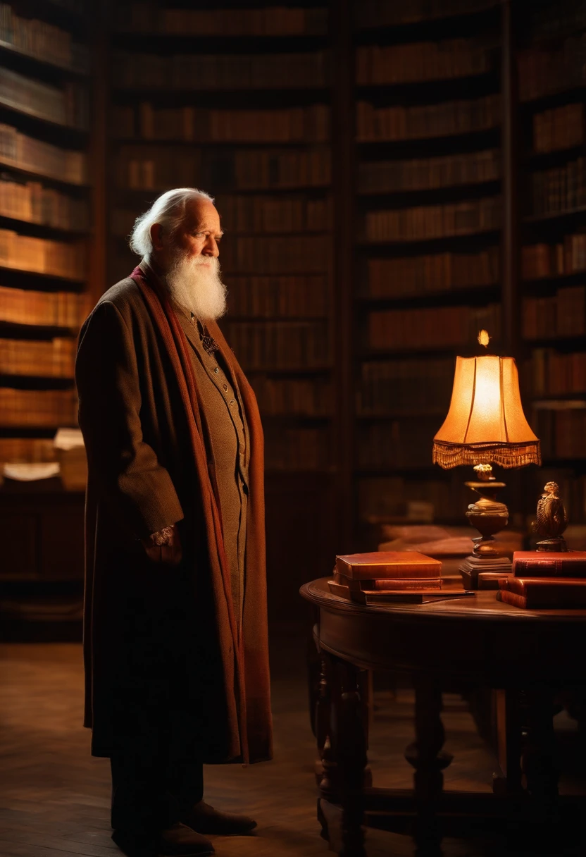 A wise old man standing in front, illuminated by the light of a lamp, against the backdrop of a library