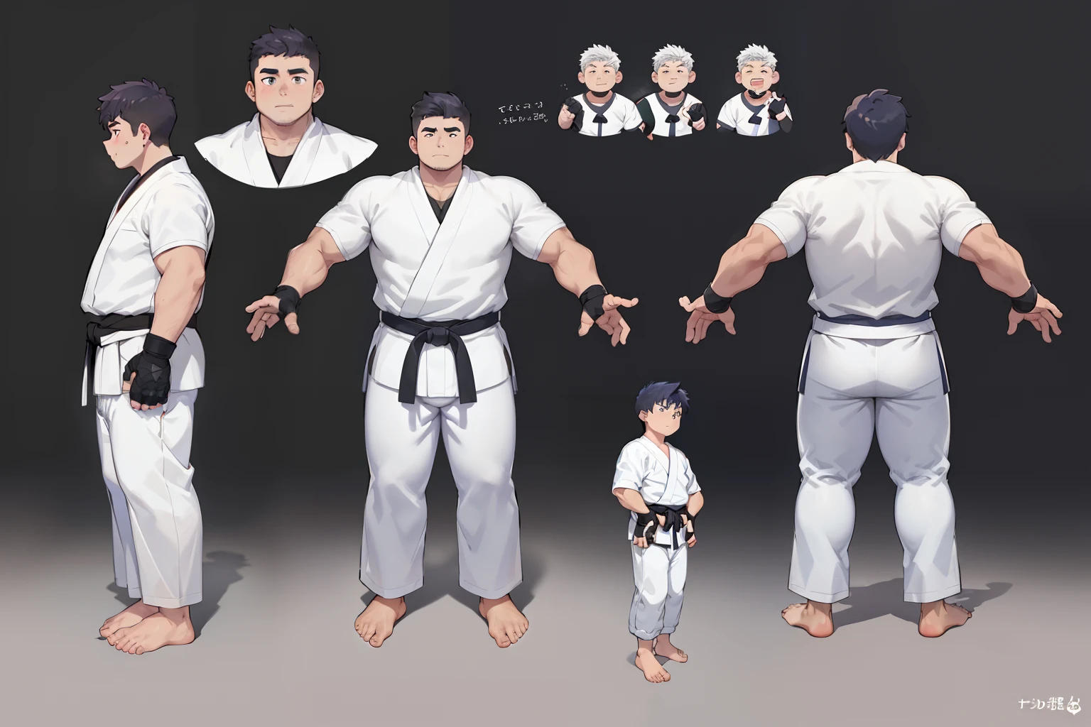 ((1boy_only)), charturnerv2, character_turnaround, character_sheet, ((3views)), reference_sheet, (chubby:1.2, stocky:1.2), ((white judo gi)), ((dougi)), barefoot, ((long pants)), (bara:1.2), (shota:0.25), buzz_cut, full body shot, ((cool, cute, awesome)), (fingerless gloves), (chubby_face:0.8), (solid_background)