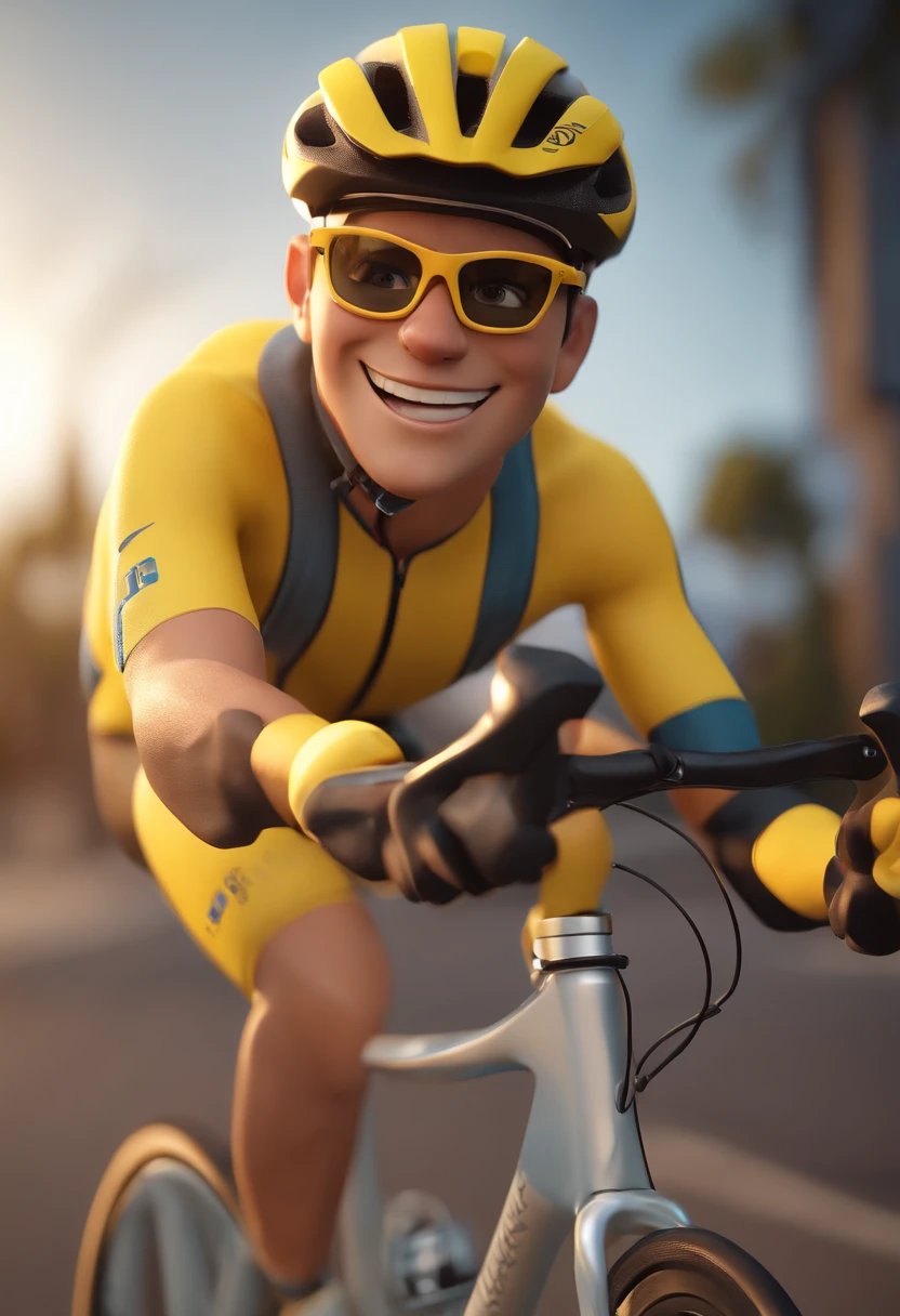 Cartoon character of a cyclist man wearing white glasses and a yellow cycling jersey, um personagem animado, Caractere estilizado, animation style rendering, 3D estilizado, Arnold Maya render, 3 d render stylized, toon render keyshot, Personagem 3D, Personagem 3D, 3d rendering stylized, 3 d character render, personagem de desenho animado, Personagem de close up, Arms in the Air Character Pose, (Estilo Pixar) (master part:1.2) (Bokeh) (best quality) (pele detalhada) (textura detalhada) (8k) (argila) (Cinematic lighting) (foco nítido,Senta e vaza a parte superior do corpo