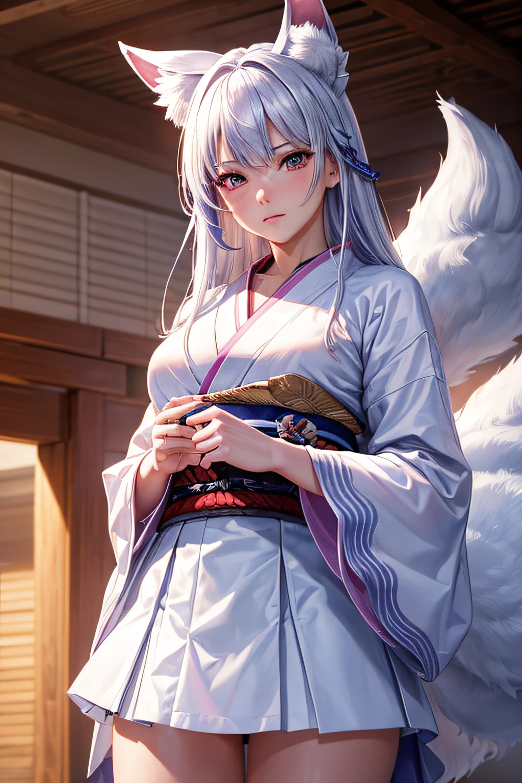 ((masterpiece)), (best quality), (high detail), (realistic),raiden shogun ,8k,redress to :(white skirt,shirt),holding pink litle kitsune,sexy
