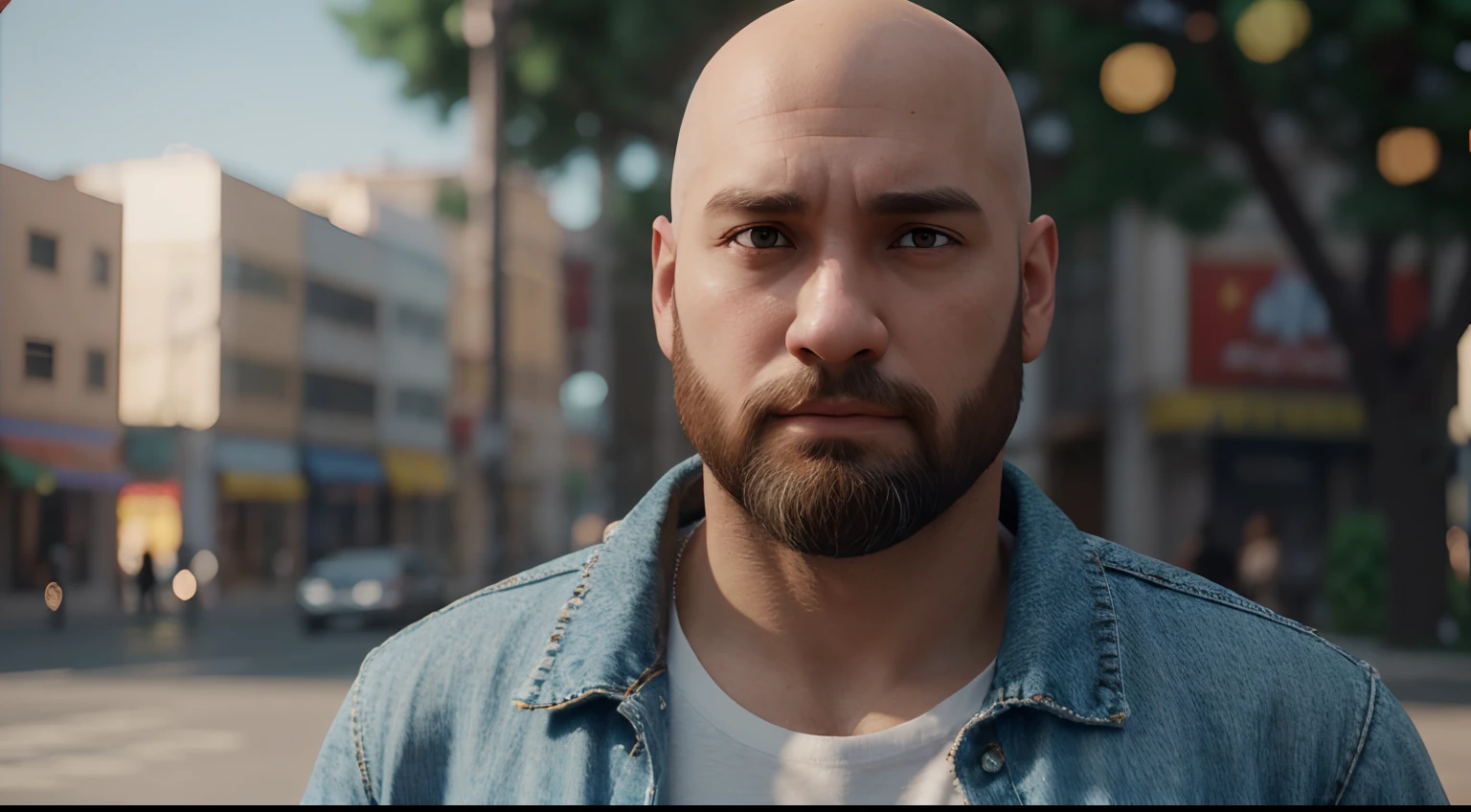 Cartoon Character of a Man with a Short Beard Bald with Jeans Jacket and a White T-Shirt Animation Character, stylized character, Rendering animation styles, 3D estilizado, Arnold Maya render, 3D render estilizado, Toon renderizar keyshot, Personaje 3D, Personaje 3D, Renderizado 3D estilizado, Renderizado de 3 caracteres D, Personaje de dibujos animados, Personaje de primer plano, Pose del personaje, (estilo pixar) (Pieza maestra:1.2) (Bokeh) (La mejor calidad) (Piel detallada) (Textura detallada) (8k) (arcilla) (cinematic lighting) (foco nítido