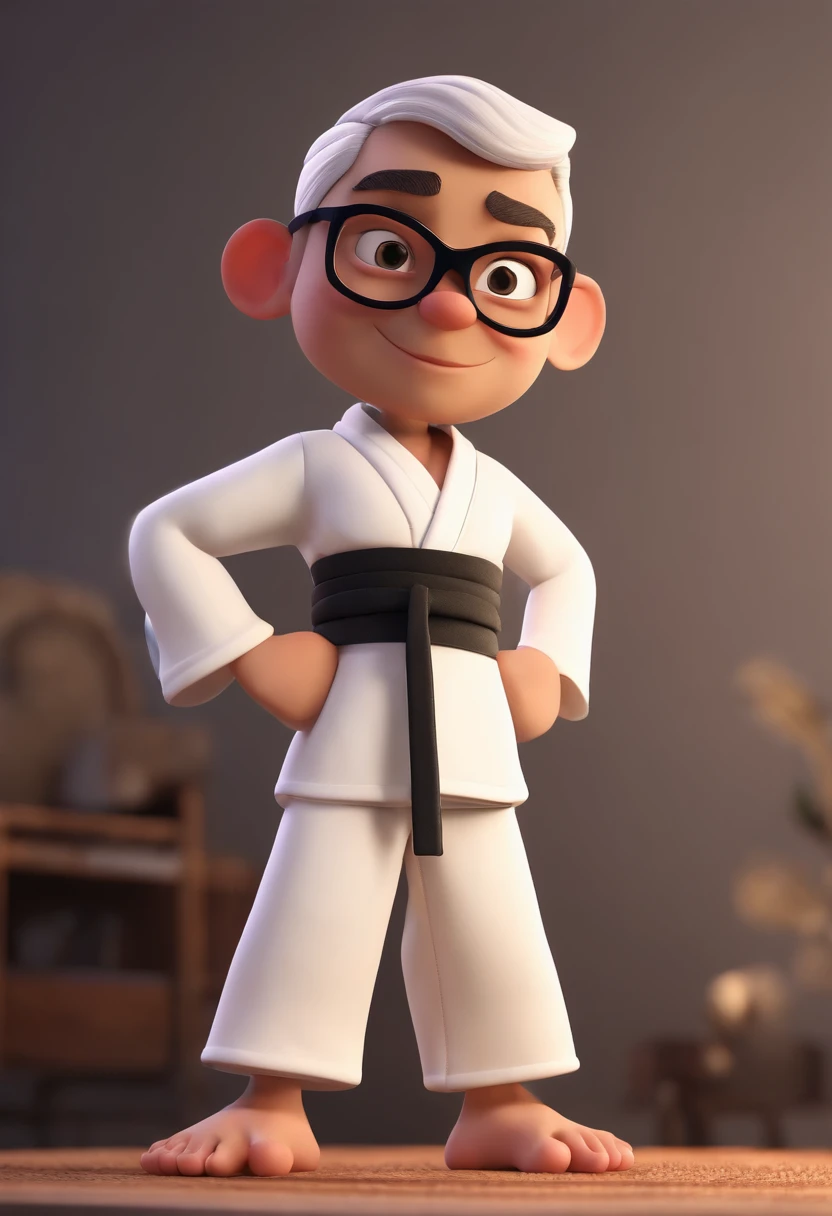 Cartoon character of a jiu jitsu fighter with black glasses wearing a white kimono, barba, animation character, Caractere estilizado, animation style rendering, 3D estilizado, Arnold Maya render, 3 d render stylized, toon render keyshot, Personagem 3D, Personagem 3D, 3d rendering stylized, 3 d character render, personagem de desenho animado, Personagem de close up, Pose de personagem,  (Estilo Pixar) (master part:1.2) (Bokeh) (best quality) (pele detalhada) (textura detalhada) (8k) (argila) (Cinematic lighting) (foco nítido