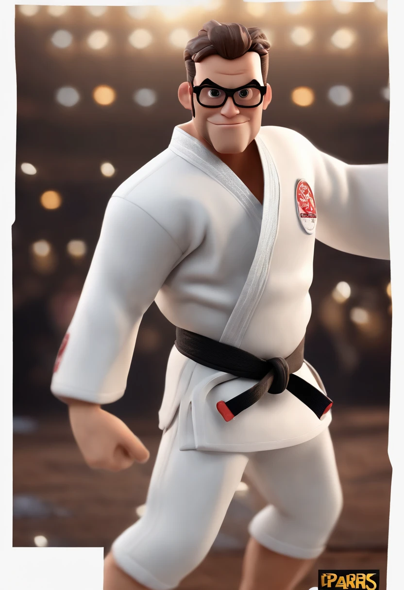 Cartoon character of a jiu jitsu fighter with black glasses wearing a white kimono, barba, animation character, Caractere estilizado, animation style rendering, 3D estilizado, Arnold Maya render, 3 d render stylized, toon render keyshot, Personagem 3D, Personagem 3D, 3d rendering stylized, 3 d character render, personagem de desenho animado, Personagem de close up, Pose de personagem, (Estilo Pixar) (master part:1.2) (Bokeh) (best quality) (pele detalhada) (textura detalhada) (8k) (argila) (Cinematic lighting) (foco nítido