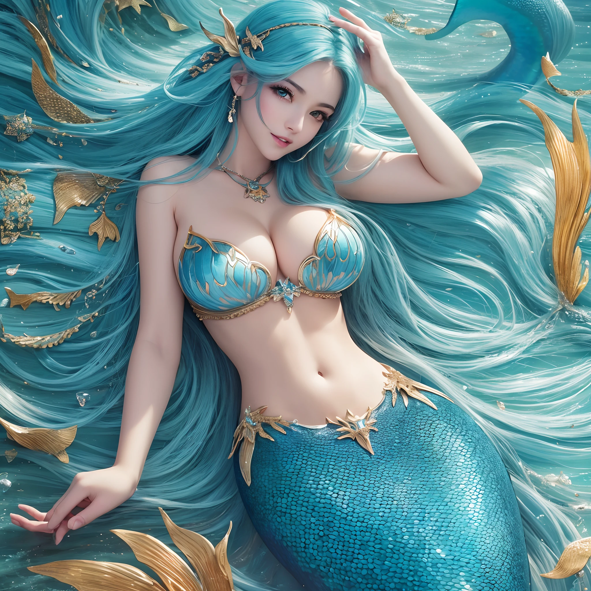(Ultra Real), (Illustration), (High Resolution), (8K), (Very Detailed), (Best Illustration), (Beautiful and Detailed Eyes), (Best Quality), (Ultra Detailed), (Masterpiece), (Wallpaper), (Detailed Face), (Very Detailed Design, Very Small High Leg), (Lateral), (Cleavage), (Unbreakable Gravure Pose), (Very Beautiful Body Line), ((Smile that captivates viewers)), ( very shiny skin), (bare shoulders),1.5), ((very large breasts)), (toned abdomen), (very dense shore),(mermaid))),(very dense scales)