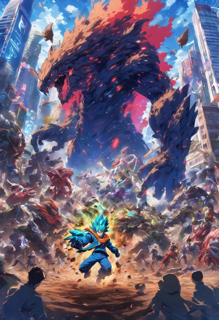 Giant monsters made of dirt destroy a city, Aliens fight monsters, Broken robots on the ground, A man in a blue suit escaped, Monster in the center of the image, Lying down image, Flying laying hens, best qualityer.