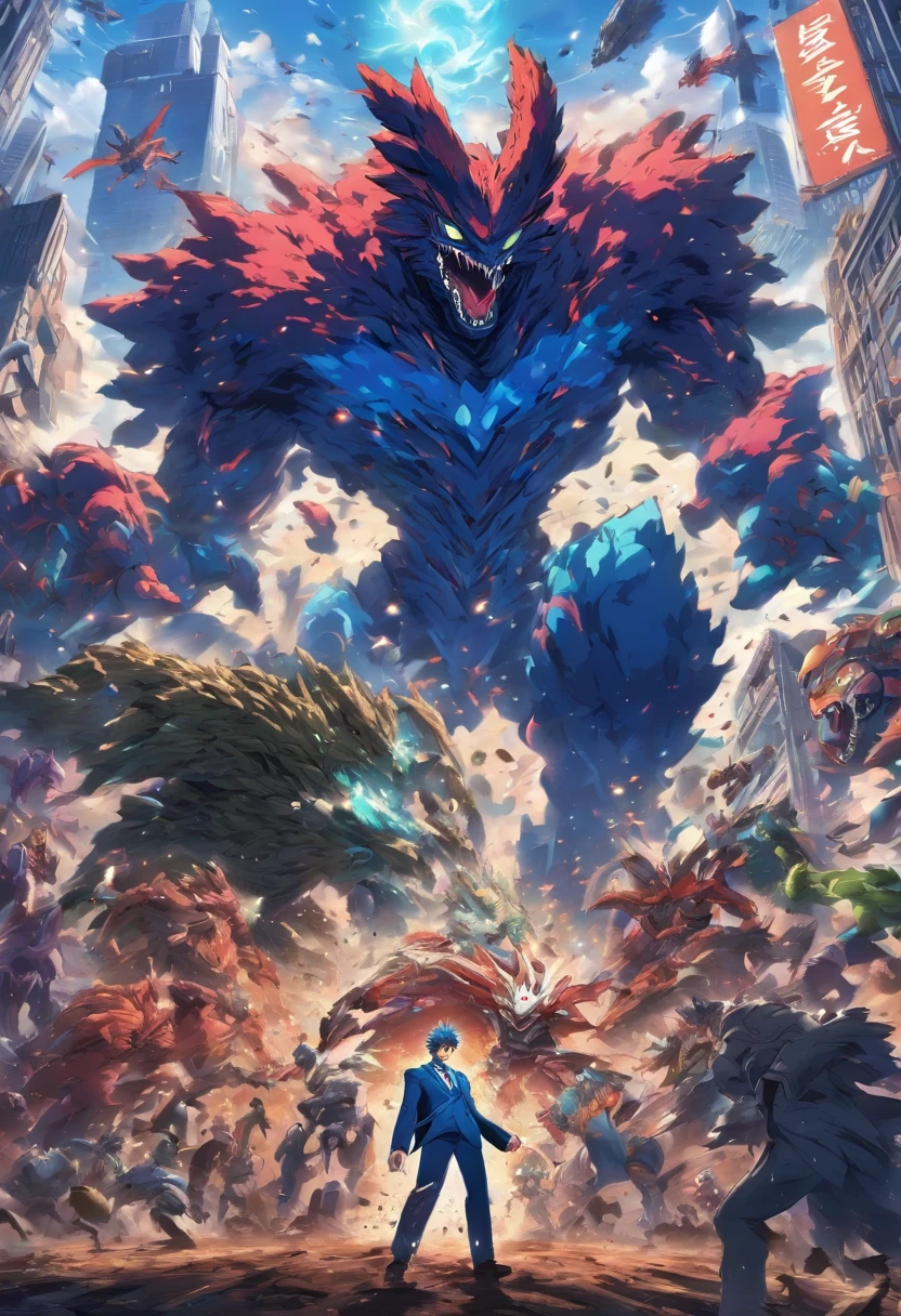 Giant monsters made of dirt destroy a city, Aliens fight monsters, Broken robots on the ground, A man in a blue suit escaped, Monster in the center of the image, Lying down image, Flying laying hens, best qualityer.