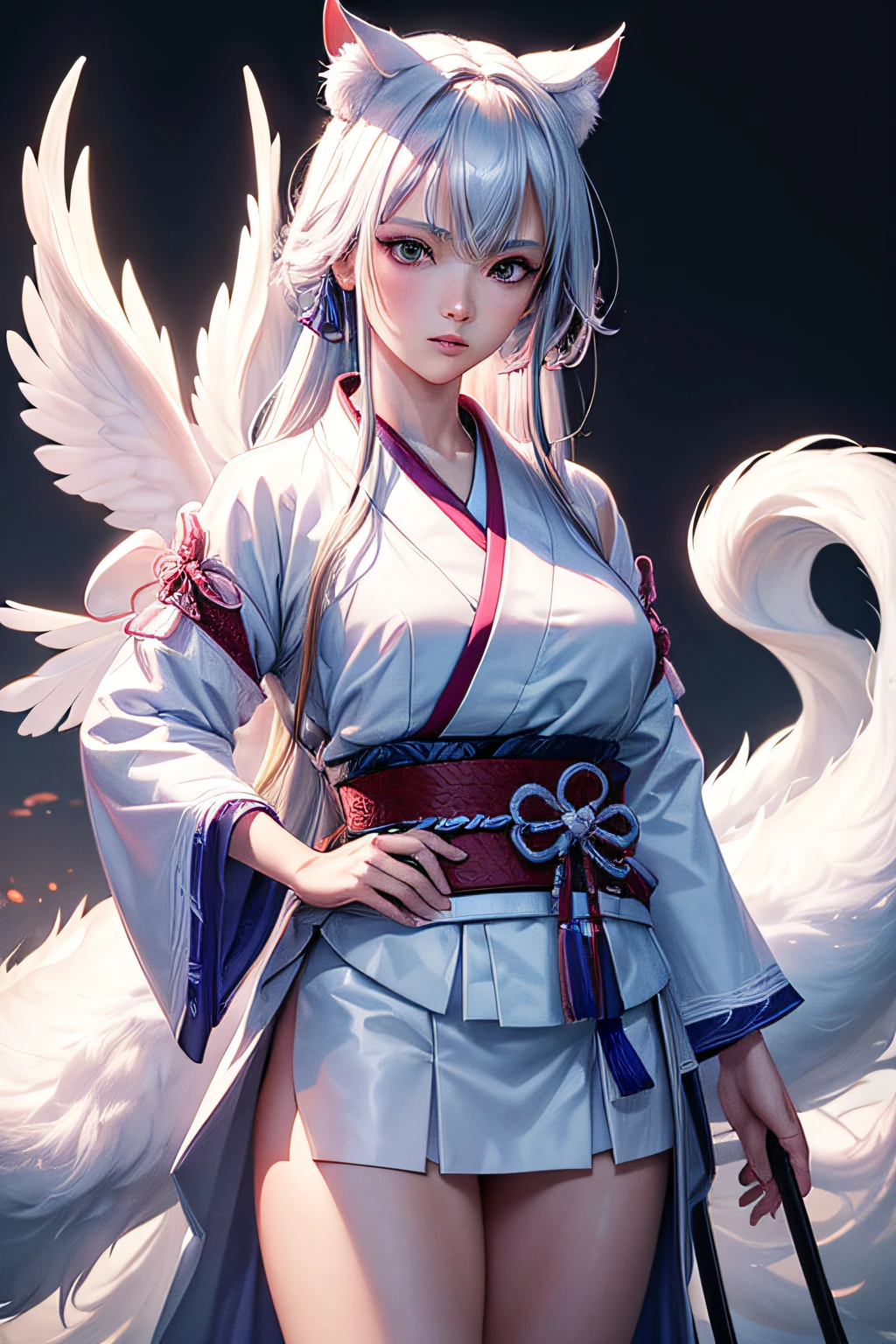 masterpiece, best quality:1.2), ((muscular:1.5)) ((female:1.5)),busty,curvy, ((girl)),(Splash Art), (masutepiece ,Best Quality:1.2), 1girl in, Sitting on the clouds, Detailed face, strong facial expression, White hair, colourfull, Red and white Chinese style kimono、Longer dress, Precision Line, Large-scale muralists, manticore, Tiger and White Tiger, Red Phoenix