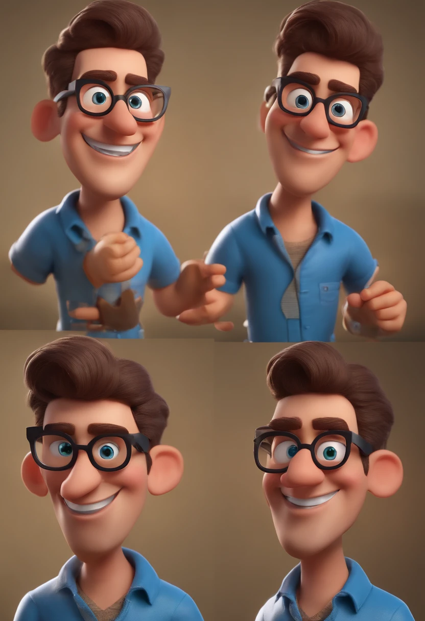 Cartoon character of a man with black glasses and a blue shirt, cabelos lisos repartidos ao meio, rosto um pouco quadrado olhos um pouco puxados, nariz pequeno um pouco redondo nas pontas, Half Thick Eyebrows Animation Character, Caractere estilizado, animation style rendering, 3D estilizado, Arnold Maya render, 3 d render stylized, toon render keyshot, Personagem 3D, Personagem 3D, 3d rendering stylized, 3 d character render, personagem de desenho animado, Personagem de close up, Pose de personagem, (Estilo Pixar) (master part:1.2) (Bokeh) (melhor qualidade) (pele detalhada) (textura detalhada) (8k) (argila) (Cinematic lighting) (foco nítido