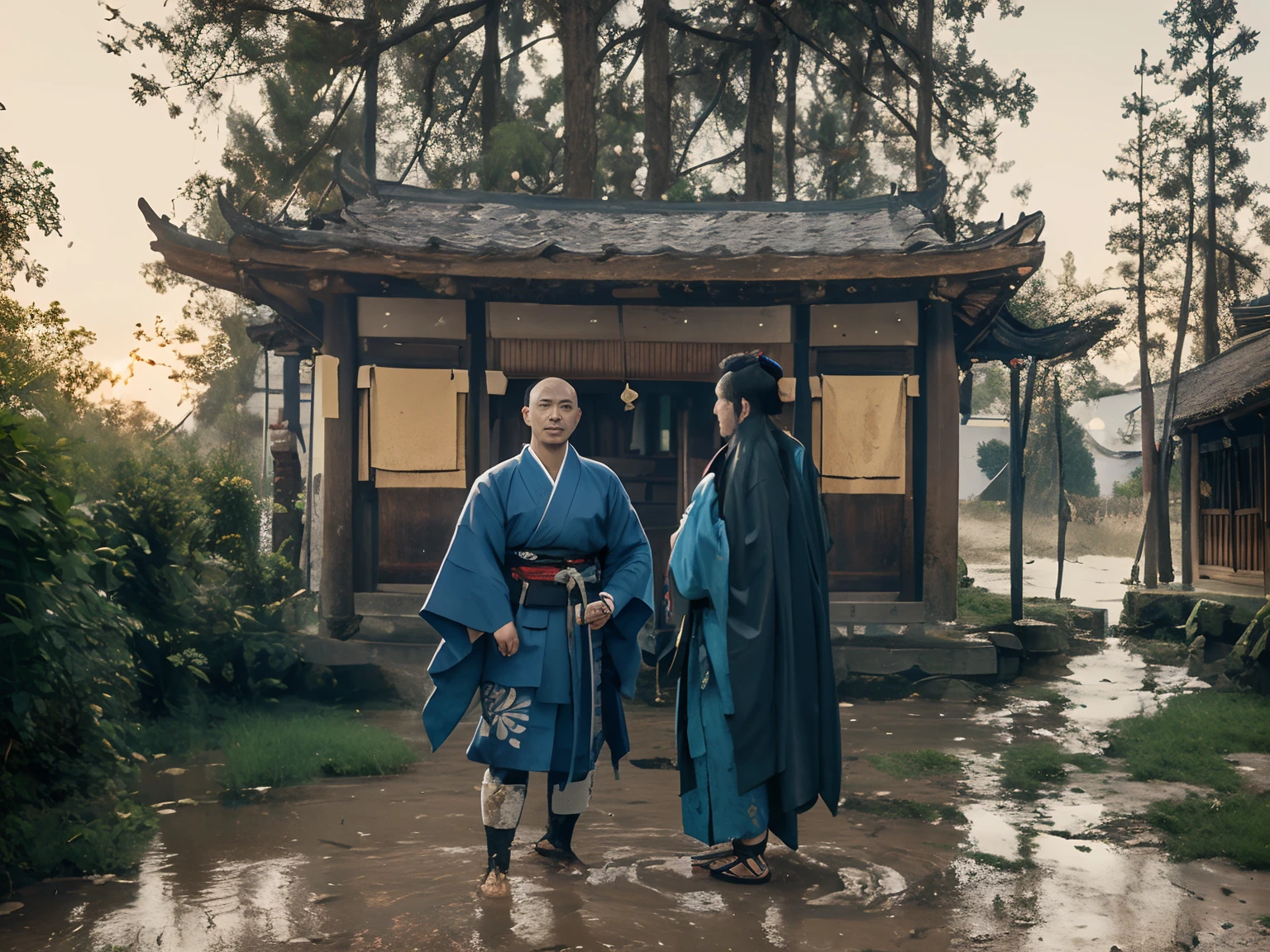 (two samurais in poor village: blue dirty kimono, male, katana, mud),(background: Dark gloomy forest around village, muddy ground )