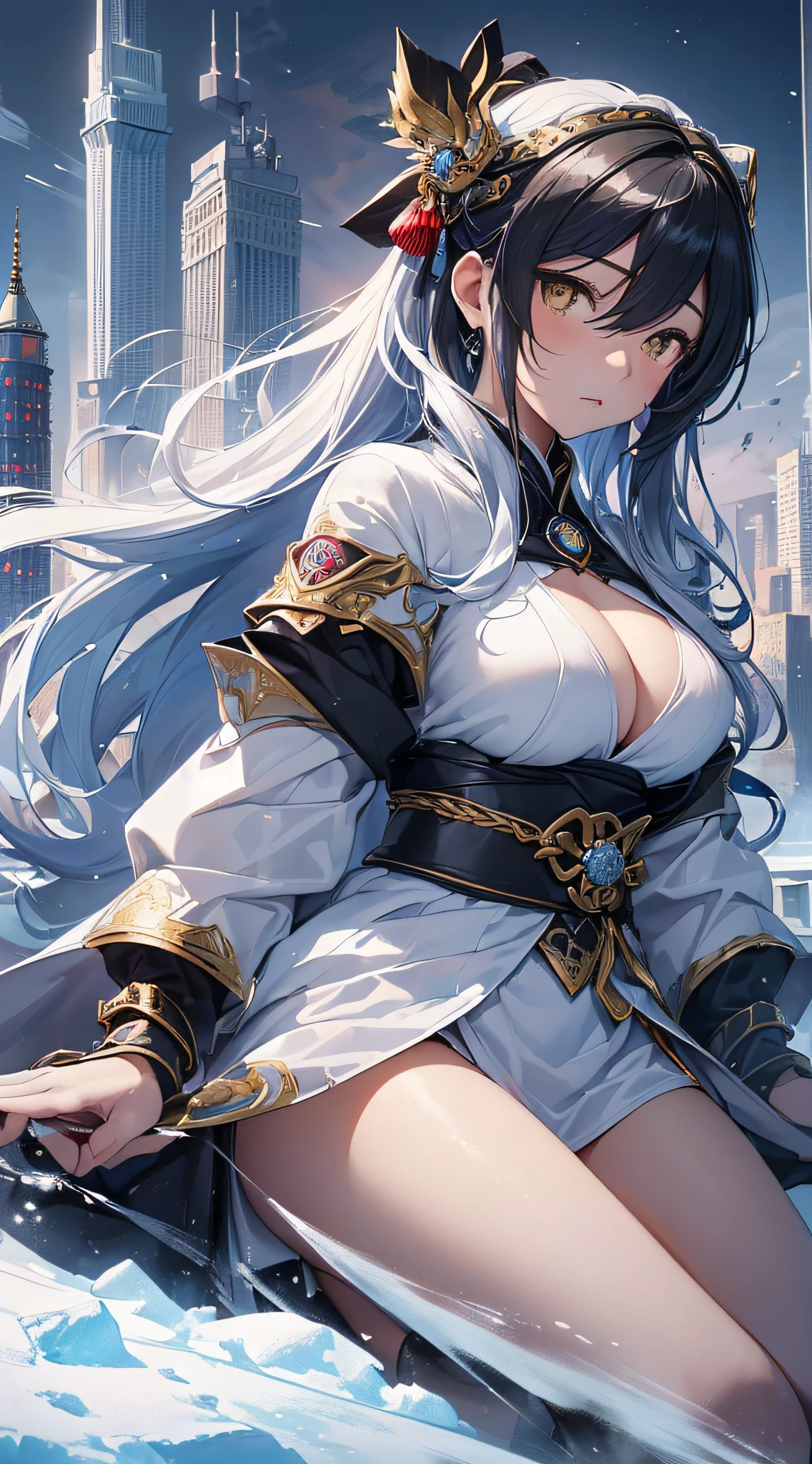 top-quality、Top image quality、​masterpiece、girl with((18year old、Best Bust、Medium bust、Bust 85,beautiful golden eyes、Breasts wide open,Black semi-long hair、A slender、Large valleys、Reflecting the whole body、White Japanese Clothing、Ice Sword、Ice Magic Circle、deadpan)）、hiquality、Beautiful Art、Background with((City of Ice、Iceville、ice tower、snow blowing、Oyuki))、masutepiece、visualart、depth of fields、Freezing of vision