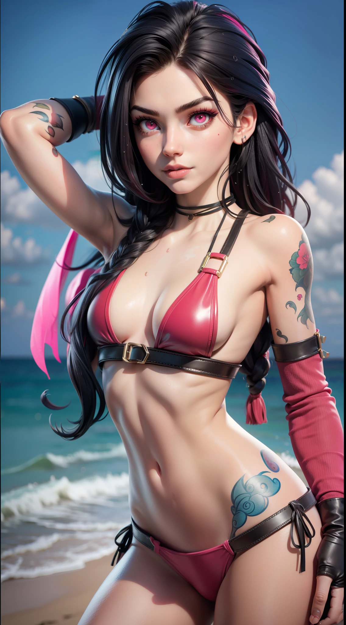 masterpiece, high quality best quality, 1girl, beach, ((red bikini)), wet, black hair, young female, 24 years old, solo, looking at viewer, detailed pink eyes, navel , gloves, fingerless gloves, bare shoulders, looking at viewer, outdoors, small breasts, arm tattoo, belly tattoo
