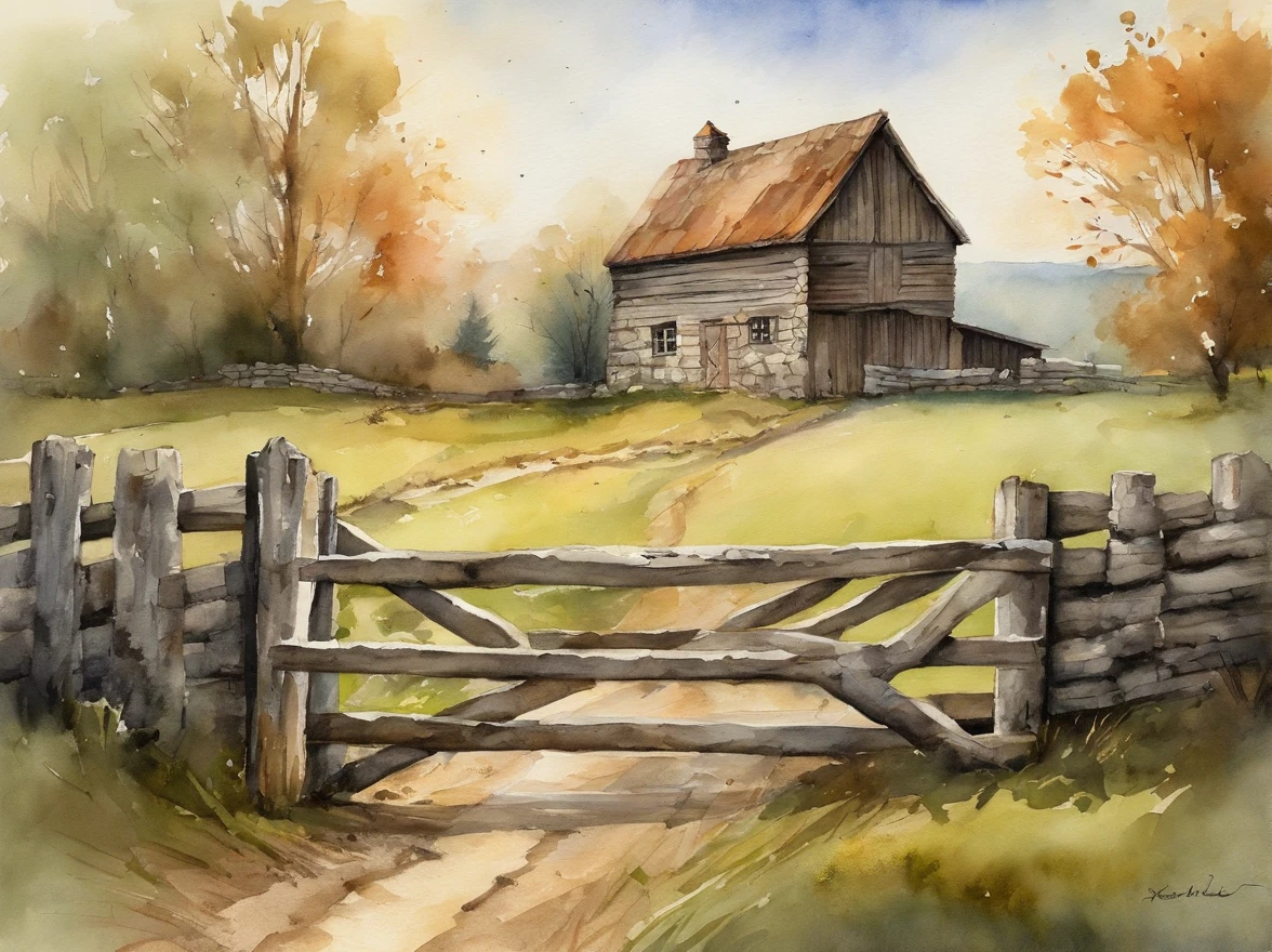 foreground wooden farm gate and run down low stone wall with grass and plants. middle ground farmhouse and trees with a field in front. atmospheric sky in the background. hi res. realistic.