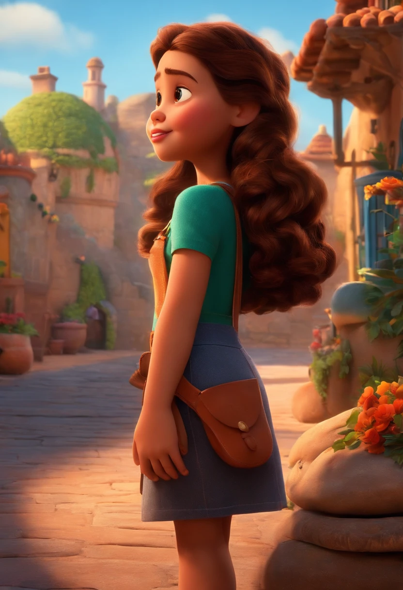 Um filme inspirado na Disney Pixar (MENINA ALTA GORDA JOVEM COM CABELO LONGO ONDULADO PRETO) dentro A cena estar na arte distinta do estilo PIXAR, descolada e estilosa