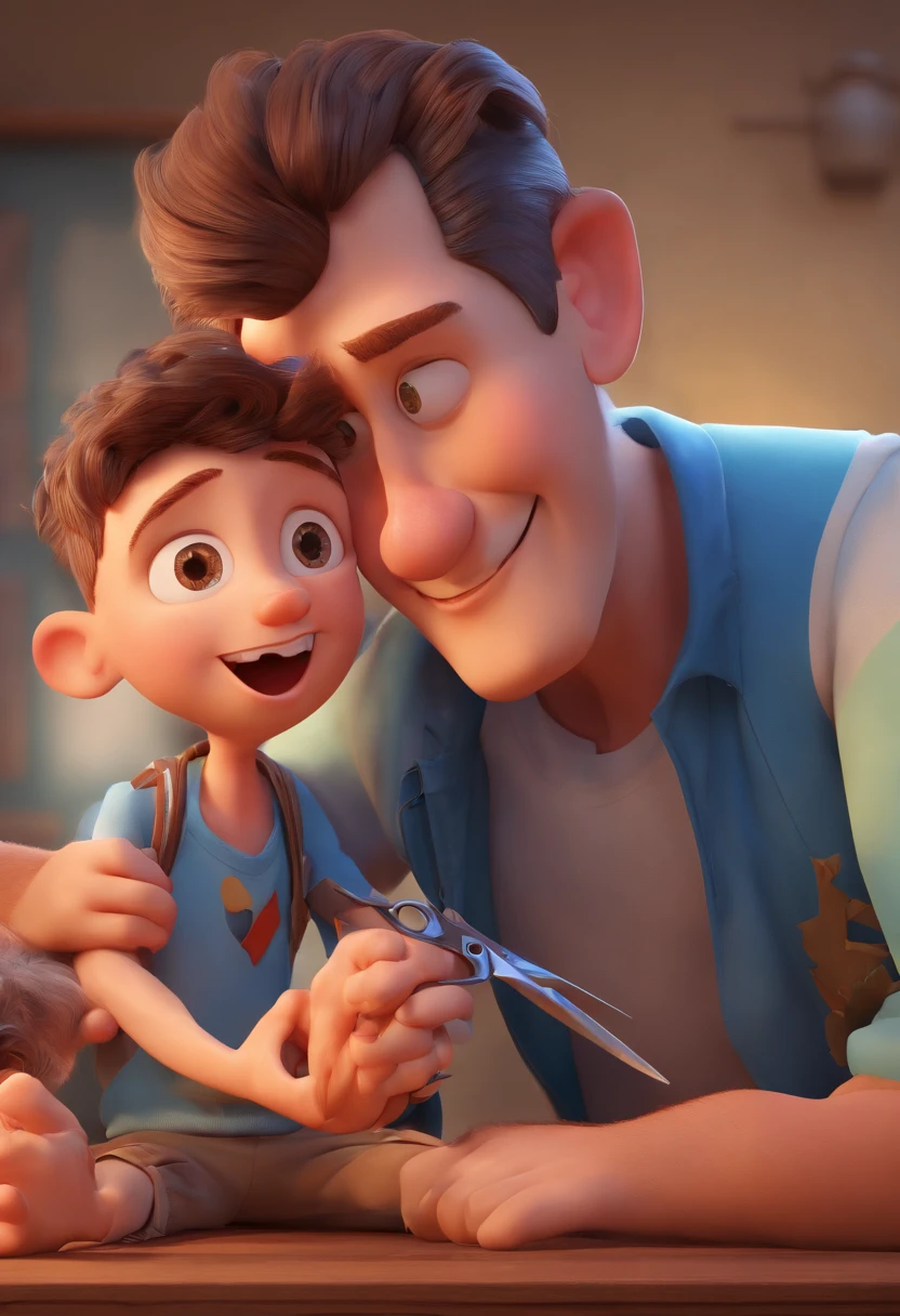 Estilo Pixar: The grown man is holding a naked blue-eyed boy and in his other hand he is holding a pair of scissors and is trying to cut off the boy's testicles,3D Poster,Disney