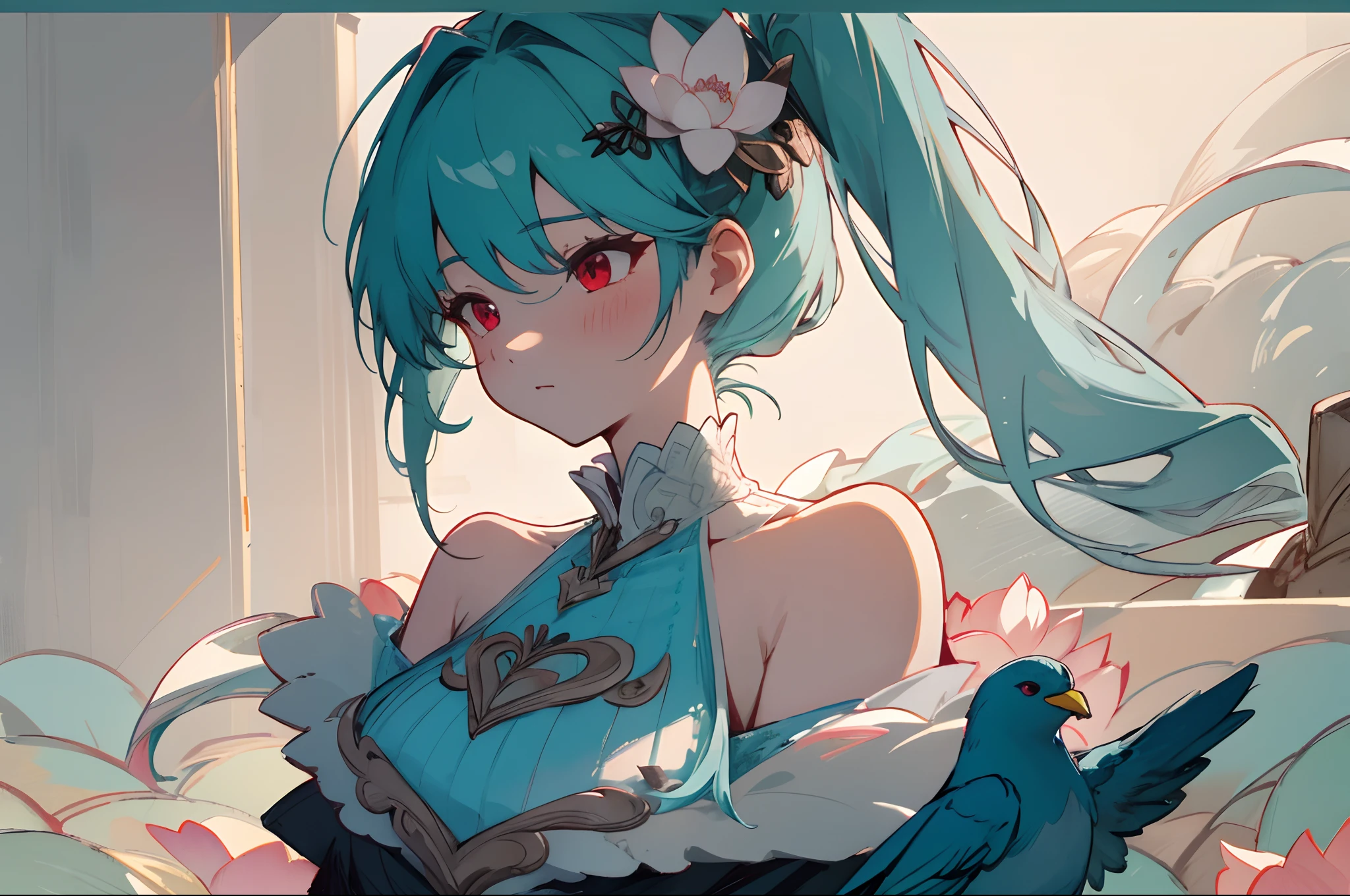 (masterpiece, best quality:1.3),beautiful detailed glow,best illuminate,(((best quality,textile shading,ultra detailed))),extremely detailed CG unity 8k wallpaper,Highly Detailed beautiful and aesthetic,best light,high resolution,detailed,dynamic lighting , 1Character , pastel washed out colors , cell shade , soft, muted shades ,gentle colors ,
Beautiful woman, teal hair , extremely long hair , hair in Pigtails style , ((large chest)) , red eyes , age 28,
masterpiece,(masterpiece, top quality, best quality), bird, flower, lotus, solo, hair ornament, bare shoulders, upper body