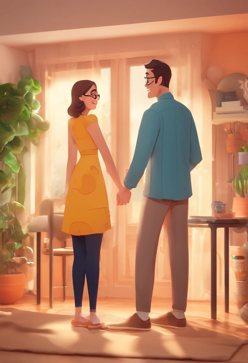 An illustration of an adorable couple, destacando um homem e uma mulher com bonito, Expressive eyes – the man's skin is brown, and the man's hair is wavy and black, while the woman's skin is brown and the woman's hair is straight and brown and she is wearing glasses, They are a bright room, cada um com um sorriso no rosto, com roupas de cores combinando , e compartilham um momento especial caracterizado pelo amor, arroz, e insights educacionais. Illustrate this scene from a perspective where they are facing away from the camera, Showing Your Connection. Desenvolva esta arte em Full HD, Focus on your cinematic touch, Estilo Disney Pixar Animations