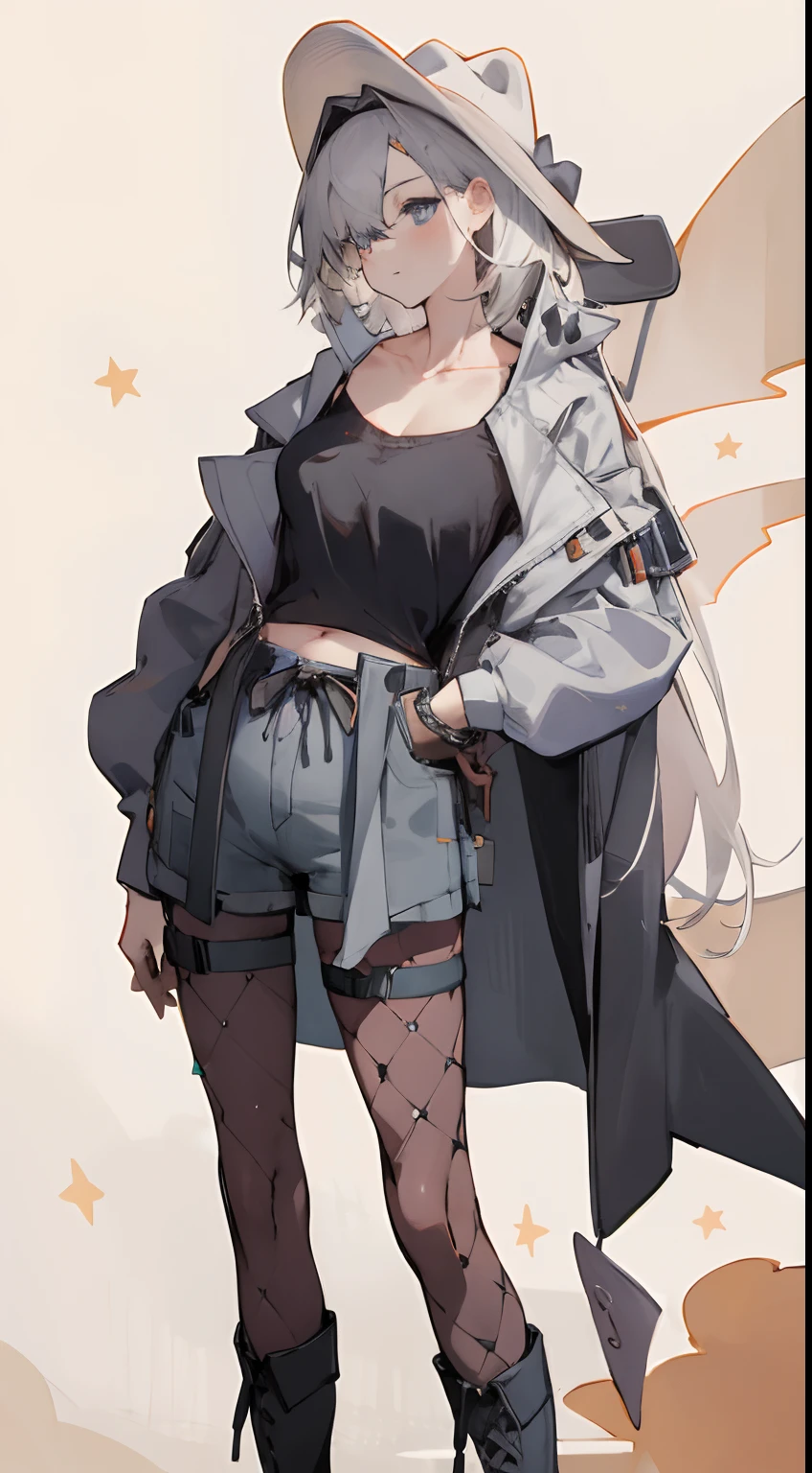 Leakage out of the collarbone，Neck leakage，Star decoration，stand posture，standing straight，open waist，Western cowboy，Cowboy hat，fishnet stockings，Cowboy boots