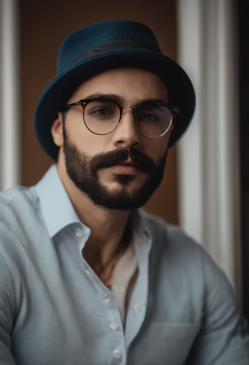 Man wearing glasses and hat in a bedroom, with glasses and goatee, with nerdy glasses and goatee, restolho no rosto, sem barba, rosto muito detalhado, sem barba e bigode, no facial features, Streamer do Twitch / Jogador Ludwig, rosto detalhado real, olhos pesados para o lado, rosto suado, ligeiro restolho