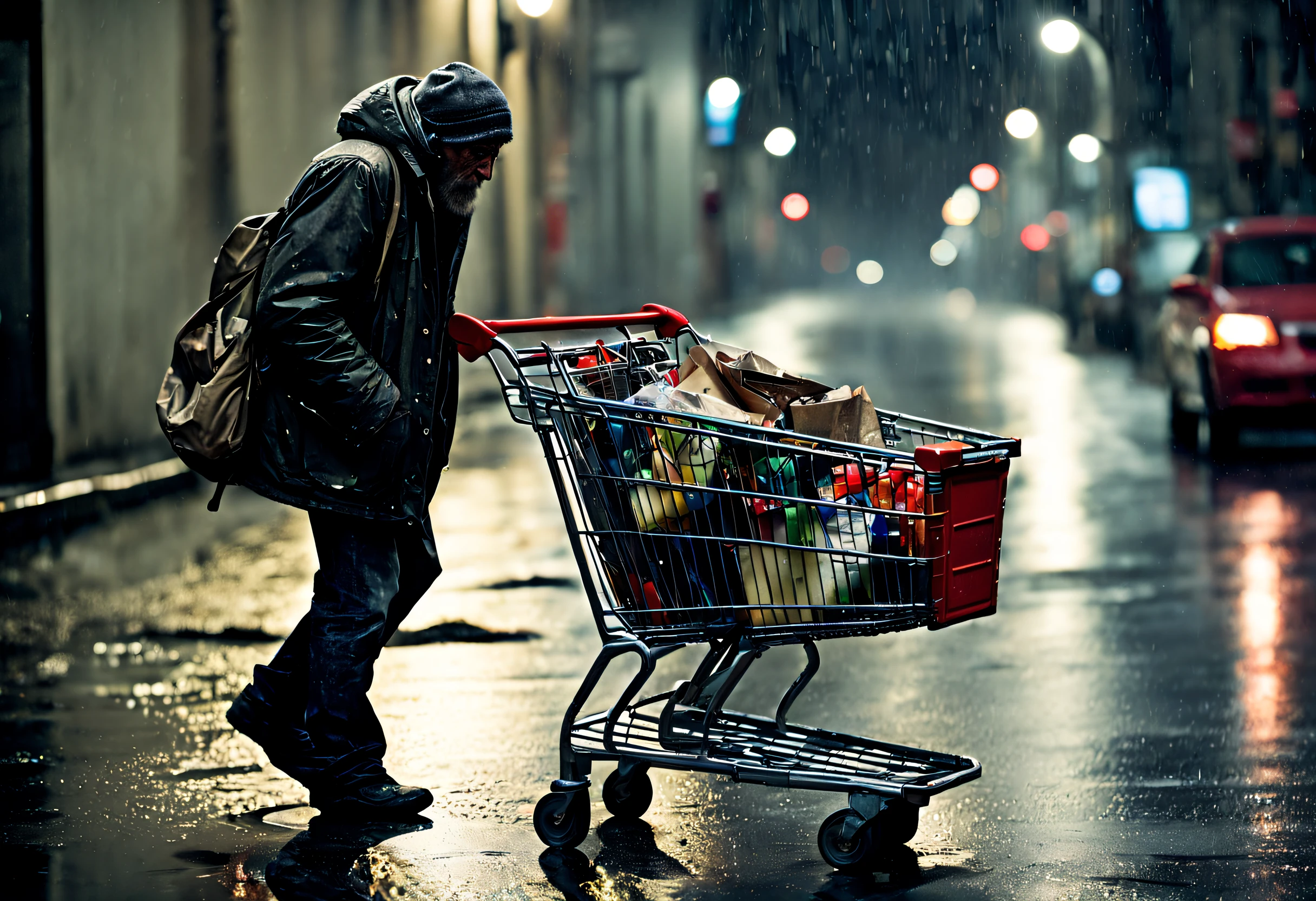 (best quality, 4k, 8k, high resolution, masterpiece: 1.2), ultra-detailed, (realistic, photorealistic, photorealistic: 1.37), (a homeless man pushes a shopping cart with his belongings in the night rain:1.42), night rain, wet pavement, dirty walls, dark shadows, reflection of streetlights on wet ground, desolation, sad expression on man's face, tattered clothes, wrinkles on forehead and hands, exposure to harsh conditions, hair long and unkempt with traces of gray, blurry silhouettes of passers-by in the background, solemn atmosphere, heavy raindrops falling from the sky, water dripping down the man's face, subtle flashes on the wet cardboard, faint sounds of traffic in the distance, puddles forming on the ground, street lamps glowing softly and casting warm tones, determination lingering in man's eyes, cloudy sky with flashes of moonlight, determination lingering in man's eyes