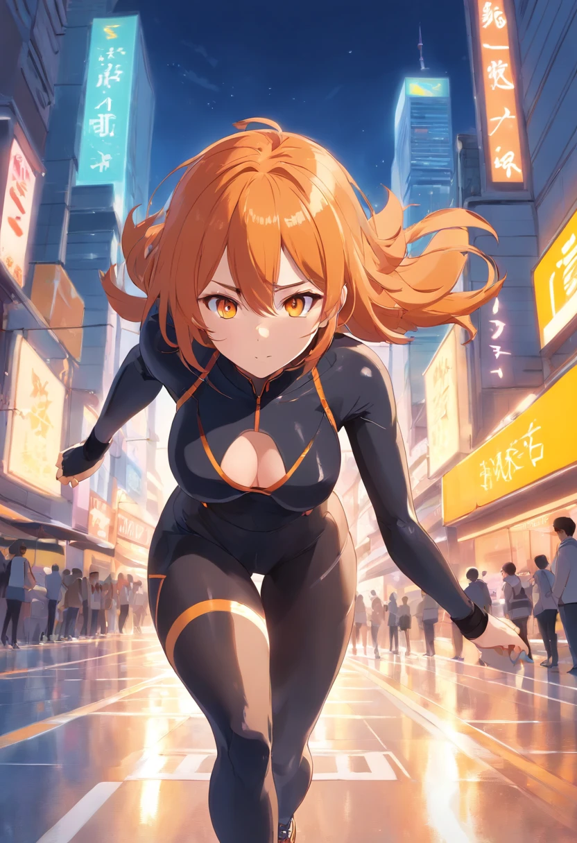 1 female、Orange hair、huge tit、Big ass、black rubber suit、yellow  eyes、thick thighs、a short bob、wide hips、Thigh muscles、Turn your butt、Strong thighs、Hiroyasu Shimizu、speed skating