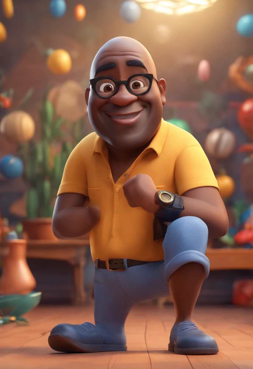 cover of a disney pixar film, bald black man, 40 years old, 90kg, wearing a simple and happy outfit, in the foreground