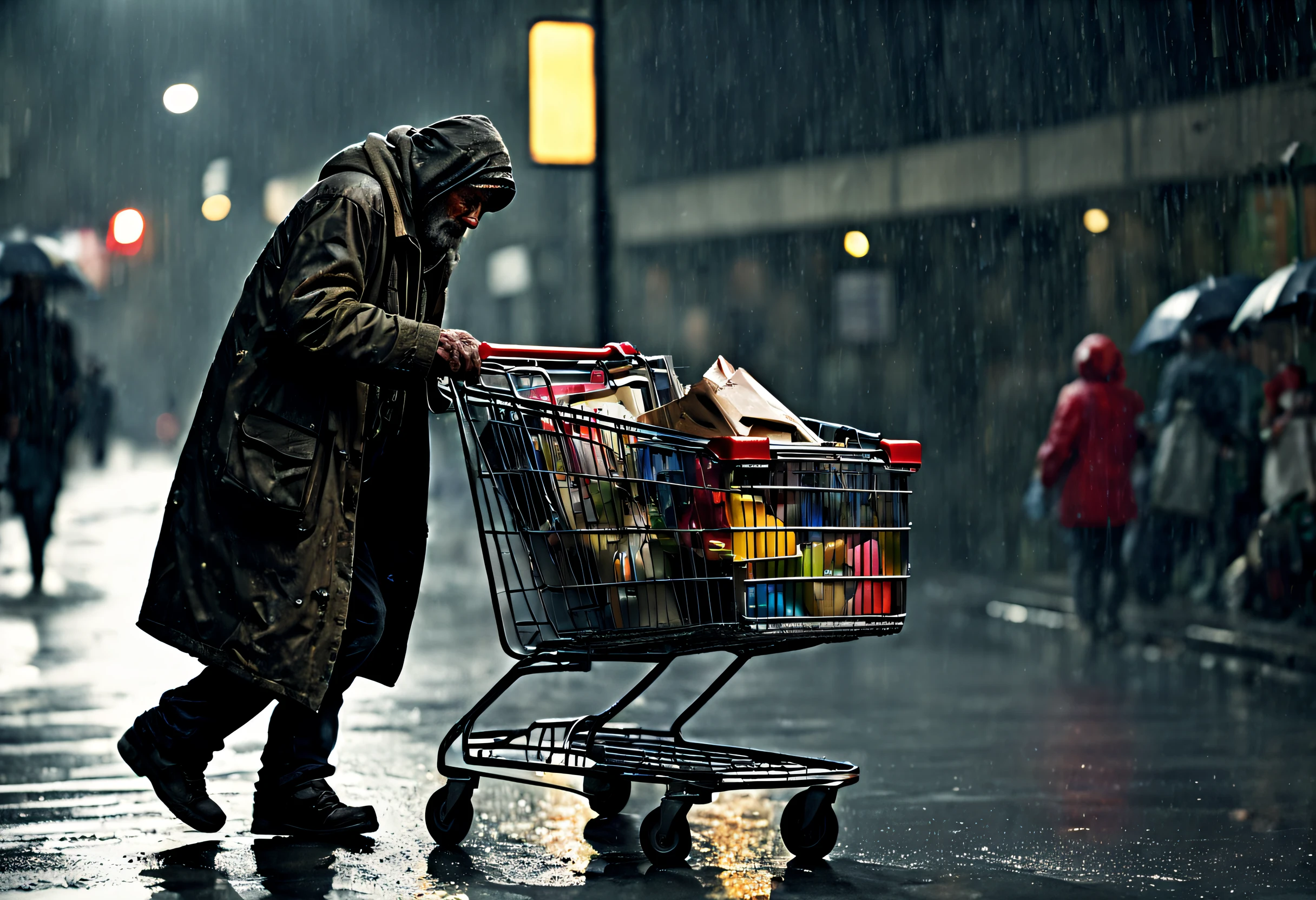 (best quality, 4k, 8k, high resolution, masterpiece: 1.2), ultra-detailed, (realistic, photorealistic, photorealistic: 1.37), (a homeless man pushes a shopping cart with his belongings in the night rain:1.42), night rain, wet pavement, dirty walls, dark shadows, reflection of streetlights on wet ground, desolation, sad expression on man's face, tattered clothes, wrinkles on forehead and hands, exposure to harsh conditions, hair long and unkempt with traces of gray, blurry silhouettes of passers-by in the background, solemn atmosphere, heavy raindrops falling from the sky, water dripping down the man's face, subtle flashes on the wet cardboard, faint sounds of traffic in the distance, puddles forming on the ground, street lamps glowing softly and casting warm tones, determination lingering in man's eyes, cloudy sky with flashes of moonlight, determination lingering in man's eyes