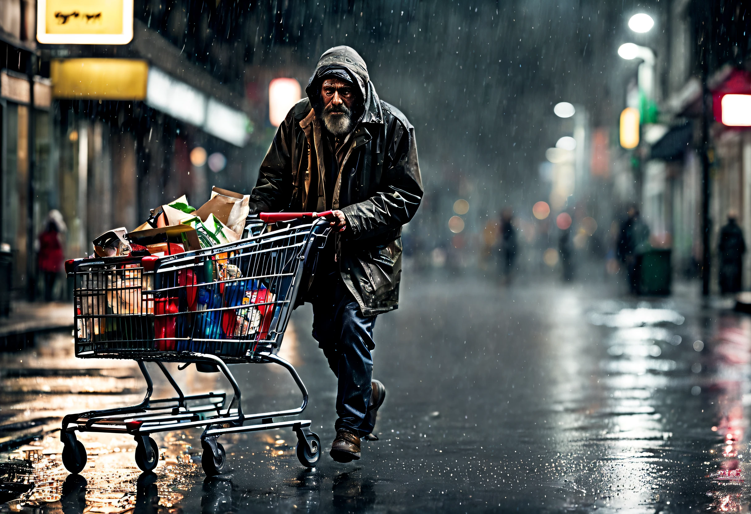 (best quality, 4k, 8k, high resolution, masterpiece: 1.2), ultra-detailed, (realistic, photorealistic, photorealistic: 1.37), (a homeless man pushes a shopping cart with his belongings in the night rain:1.42), night rain, wet pavement, dirty walls, dark shadows, reflection of streetlights on wet ground, desolation, sad expression on man's face, tattered clothes, wrinkles on forehead and hands, exposure to harsh conditions, hair long and unkempt with traces of gray, blurry silhouettes of passers-by in the background, solemn atmosphere, heavy raindrops falling from the sky, water dripping down the man's face, subtle flashes on the wet cardboard, faint sounds of traffic in the distance, puddles forming on the ground, street lamps glowing softly and casting warm tones, determination lingering in man's eyes, cloudy sky with flashes of moonlight, determination lingering in man's eyes