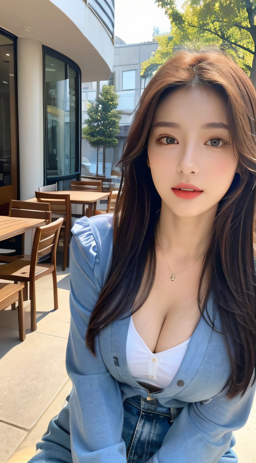 ((Top  Quality, 8K, ​masterpiece : 1.3)), foco nítido : 1.2, pretty woman with a perfect figure : 1.4, Slim Abs : 1.2, ((Dark-brown hair, large full breasts : 1.2)), (White button-up long shirt : 1.1),  : 1.2, Very Detailed Face and Skin Texture, Detailed Eyes, Double eyelidd, Sitting with legs apart in outdoor café. Autumn, Visible cleavage, Tight clothes, The areol,