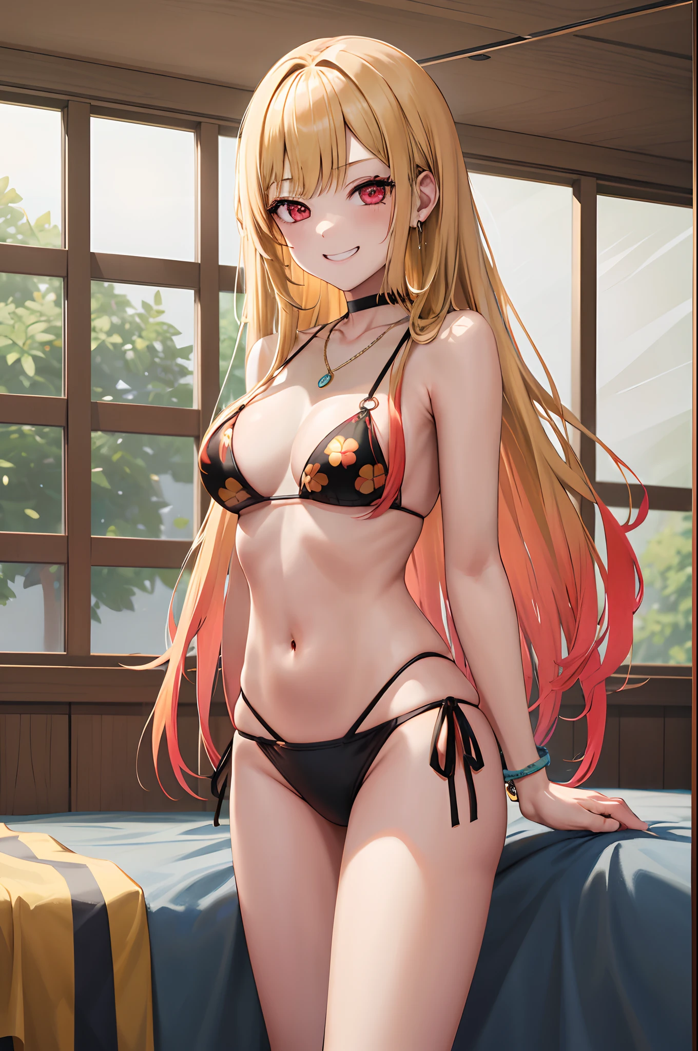 masterpiece, best quality, highres, kitagawa marin, 1girl, blonde hair, long hair, multicolored hair, red eyes, jewelry, necklace, choker, black bikini, floral print, bracelet, side-tie bikini bottom, cowboy shot, indoors, room, standing, grin, straight-on, arms at sides