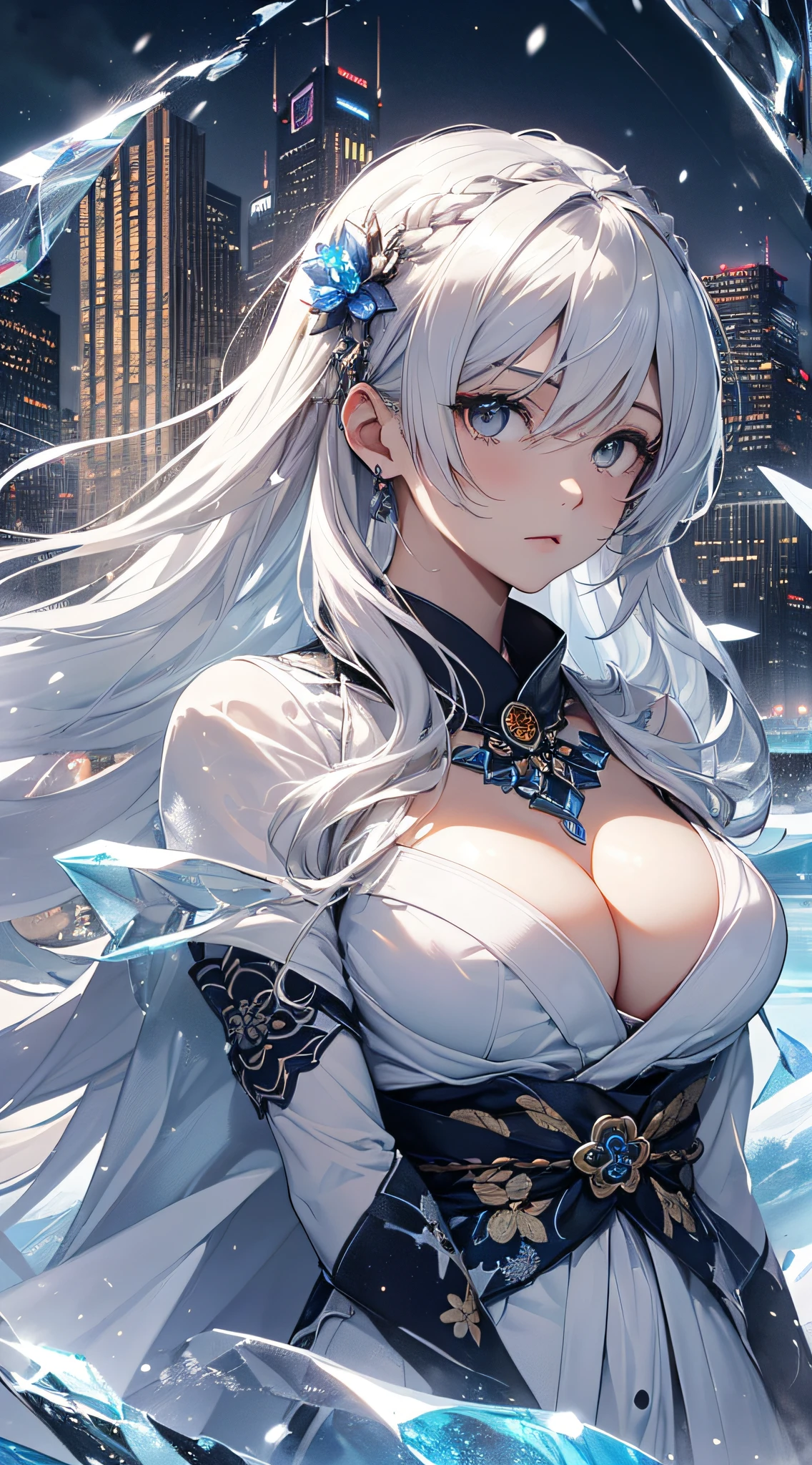 top-quality、Top image quality、masterpiece、girl with((18year old、Best Bust、Medium bust、Bust 85,beautiful silver eyes、Breasts wide open,Semi-long hair of white silver、A slender、Large valleys、Reflecting the whole body、White Japanese Clothing、Ice Sword、Ice Magic Circle、deadpan、Sapphire hair ornament))、hiquality、Beautiful Art、Background with((City of Ice、Iceville、ice tower、snow blowing、Oyuki))、masutepiece、visualart、depth of fields、Freezing of vision