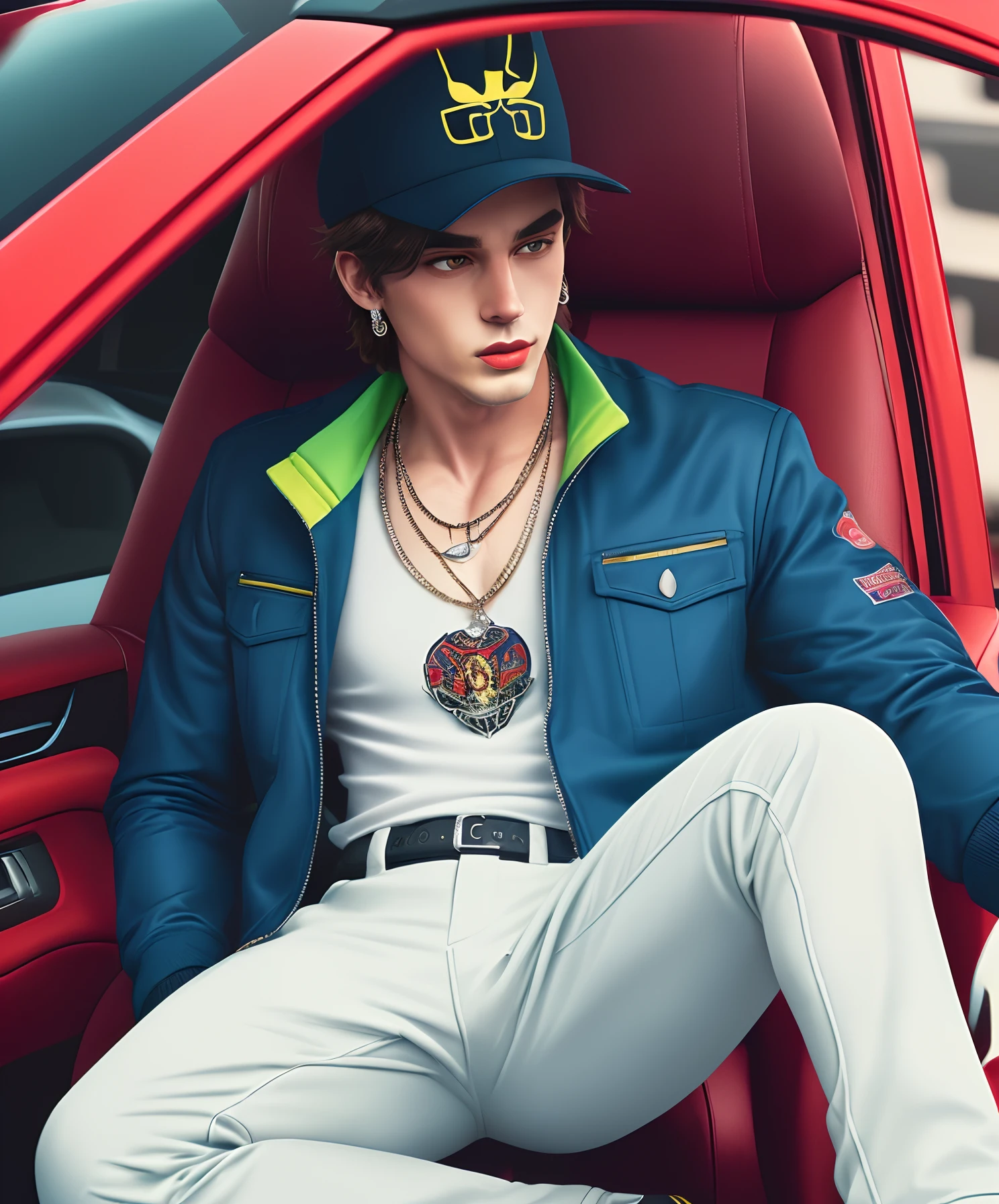 (a detailed illustration, vibrant colors, high-res:1.2),Bugs Bunny wearing a stylish jacket, a necklace with bling, sitting in a Hellcat Dodge Challenger.