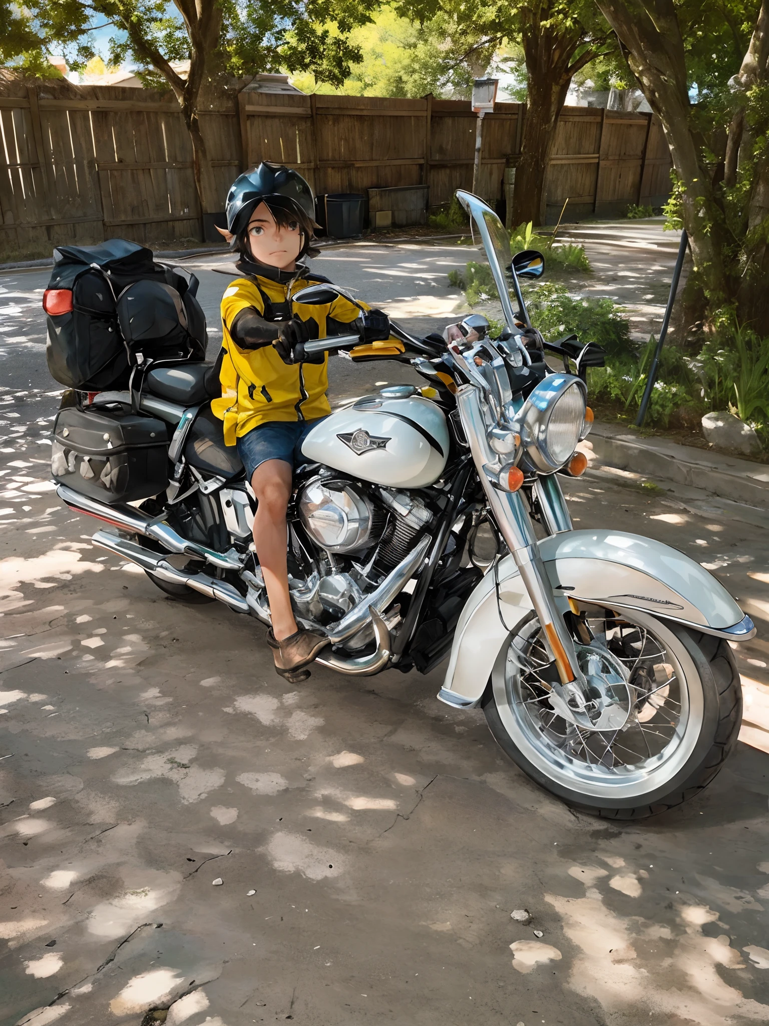 There's a boy sitting on a motorcycle with a backpack on his back, cabrito, motocicleta, andar de moto, Harley Davidson Moto, touring, Harley Davidson, pilotando uma motocicleta, Foto, horseback riding, Andar na estrada, sentado em uma motocicleta, sem capacete, motocicleta, pose divertida, sem capacete!!!!, Directed by: Pixar