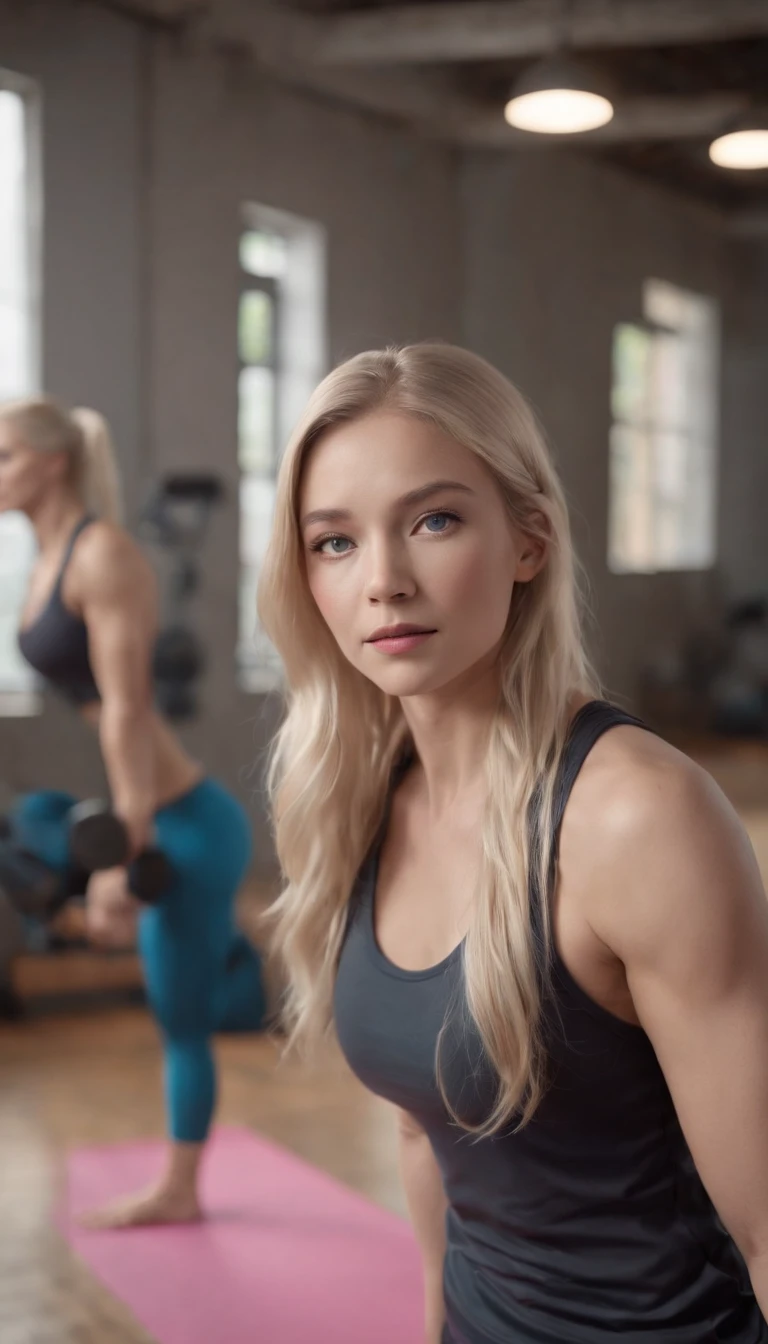 Masterpiece, Best quality, 8K, Photographic reality, Realistic, Octane rendering, Japanese gym exercises (1 woman: 1.4), (Only one woman is shown in the picture: 1.4), (Long blonde hair), (Pink sports vest|Black yoga pants), (Blue eyes) Side display