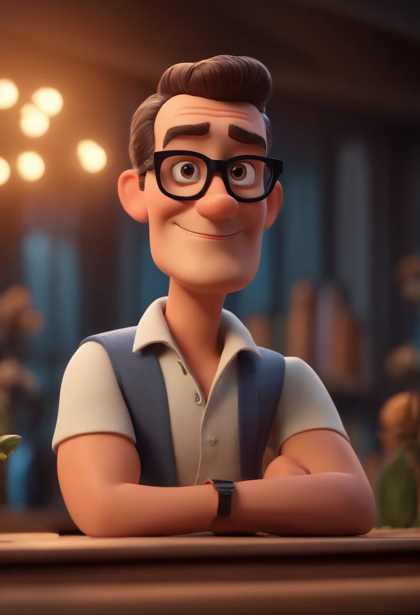 Cartoon character of a man with black glasses and a blue shirt, animation character, Caractere estilizado, animation style rendering, 3D estilizado, Arnold Maya render, 3 d render stylized, toon render keyshot, Personagem 3D, Personagem 3D, 3d rendering stylized, 3 d character render, personagem de desenho animado, Personagem de close up, Pose de personagem, (Estilo Pixar) (master part:1.2) (Bokeh) (best quality) (pele detalhada) (textura detalhada) (8k) (argila) (Cinematic lighting) (foco nítido