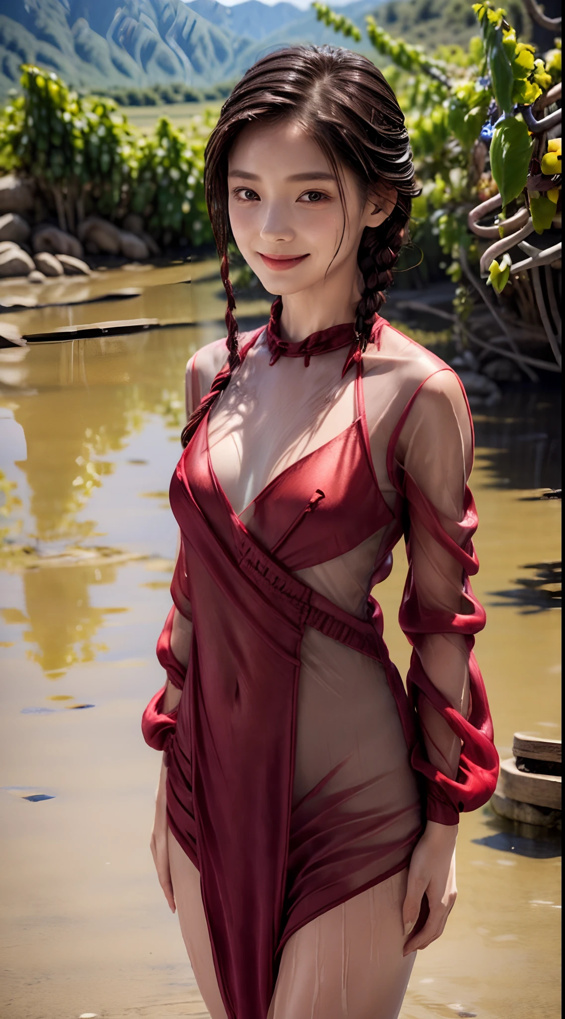 femele,12 years old,japanes,Brown hair,(((Wine Red Silk Dress))),Beautiful short hair,,Hair fastening to bangs,,((()),Natural smile,((())),Braids.(((Clothes are wet and see-through))),sand beach,((())),