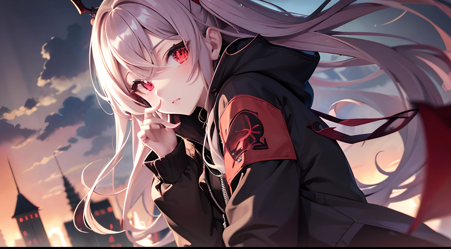 1 girl, bangs, bicolor hair, red and white hair, red eyes, robotic sleeves, sad, blindfold, blindfold, right eyepatch, right eyepatch, metal scarf around neck, high resolution, sweatshirt black, white polo shirt, long sleeves, look up, punch, sad, alone, straight hair, upper body, hooded jacket, set fire, tears of blood, bathed in blood, hidden hands